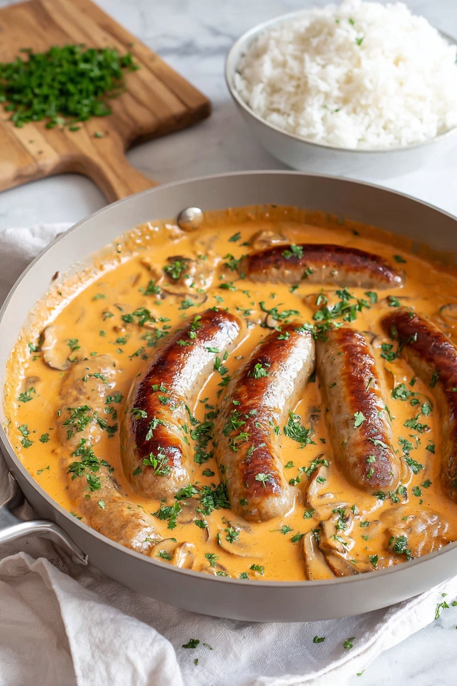 A frying pan contains six browned sausages partly covered in thick, creamy orange sauce with visible sliced mushrooms inside. The sauce has a smooth texture and is sprinkled with small green parsley pieces on top. Behind the pan, a light wooden cutting board holds chopped parsley, and next to it is a white bowl full of fluffy white rice. The whole scene is set on a white marbled surface with a white cloth beneath the pan, giving a clean and bright kitchen look. Photo taken with an iphone --ar 2:3 --v 7 - Creamy Sausage Stroganoff, sausage stroganoff, quick hearty dinner, easy stroganoff recipe, comforting weeknight meal