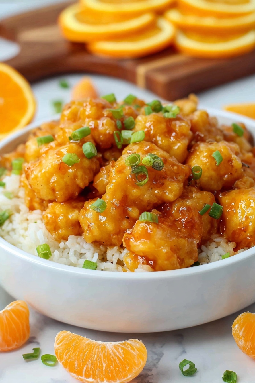 A white bowl is filled with three main layers: the bottom layer is soft white rice, the middle layer holds golden-orange battered chicken pieces covered in a shiny orange sauce, and the top layer is small bright green chopped scallions scattered on the chicken. In the background, slices of bright orange oranges are arranged on a wooden board and some are in front of the bowl, all placed on a white marbled surface. The image is close-up with a sharp focus on the chicken and a blurred background. photo taken with an iphone --ar 2:3 --v 7 - Chinese Orange Chicken, crispy orange chicken, homemade Chinese take-out, orange chicken sauce, easy Chinese chicken recipe