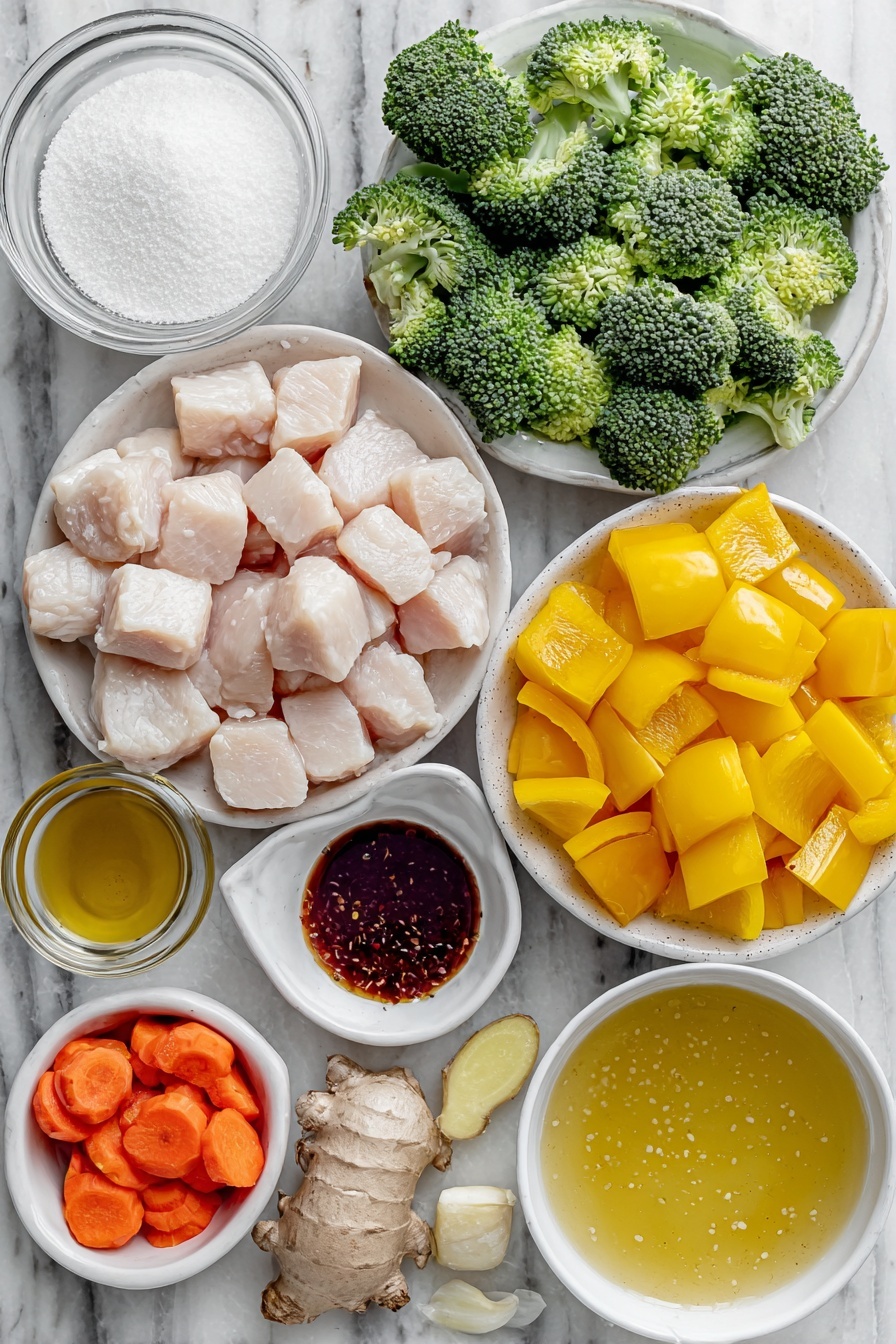 Flat lay of fresh raw boneless skinless chicken breast cubes arranged neatly, bright green broccoli florets, half a yellow bell pepper cut into chunks, half a red bell pepper cut into chunks, a small pile of sliced baby carrots, two whole uncracked garlic cloves, a few thin slices of fresh ginger root, a small mound of corn starch powder, a small white ceramic bowl of clear cold water, a small white ceramic bowl filled with light golden chicken broth, a small white ceramic bowl of dark soy sauce, a small white ceramic bowl of golden honey, a small white ceramic bowl of amber toasted sesame oil, a pinch of crushed red pepper flakes on the side, sprinkled salt and black pepper, all placed with perfect symmetry on a simple white ceramic plate and bowls placed on a clean white marble surface, soft natural light, photo taken with an iPhone, professional food photography style, fresh ingredients, white ceramic bowls, no bottles, no duplicates, no utensils, no packaging --ar 2:3 --v 7 --p m7354615311229779997 - Quick Chicken Stir Fry with Veggies, healthy chicken stir fry recipe, fast veggie stir fry, easy chicken stir fry dinner, quick stir fry dinner