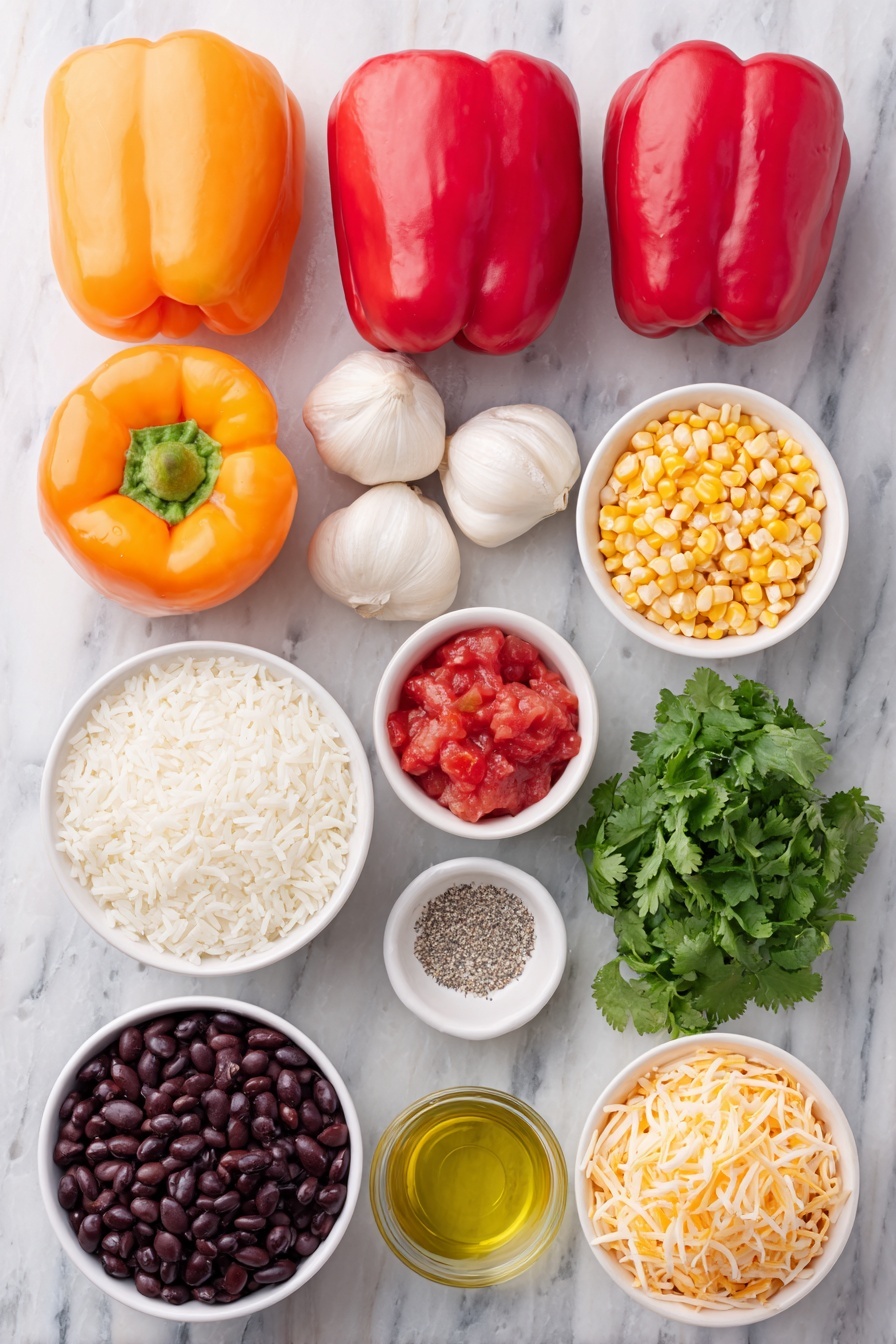 Flat lay of eight medium bell peppers in red, yellow, and orange, a few whole brown onions, three uncracked white garlic bulbs, a small white ceramic bowl of bright yellow corn kernels, a small white ceramic bowl filled with cooked white rice, a small white ceramic bowl containing black beans, a small white ceramic bowl with diced red tomatoes (juices drained), a small white ceramic bowl of shredded orange cheddar cheese, a bunch of fresh green cilantro sprigs, a small white ceramic bowl with golden olive oil, a small white ceramic bowl of coarse kosher salt, and a small white ceramic bowl of ground black pepper, arranged symmetrically and balanced, placed on a clean white marble surface, soft natural light, photo taken with an iPhone, professional food photography style, fresh ingredients, white ceramic bowls, no bottles, no duplicates, no utensils, no packaging --ar 2:3 --v 7 --p m7354615311229779997 - Mexican Stuffed Bell Peppers, stuffed bell peppers recipe, Mexican stuffed peppers, healthy stuffed peppers, savory stuffed peppers