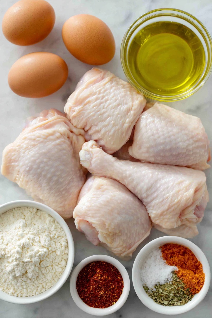 Flat lay of fresh raw bone-in chicken pieces with smooth skin, three whole uncracked brown eggs, a small white bowl of beaten eggs mixed with a dash of vibrant red hot sauce, a small white bowl of reddish Creole seasoning powder, a small white bowl of deep red smoked paprika powder, a small white bowl of off-white garlic powder, a small white bowl of bright orange cayenne pepper powder, a small white bowl of fine white all-purpose flour, a small white bowl of coarse salt and black pepper mixed together, a small white bowl with clear golden cooking oil, all arranged with perfect symmetry and balanced proportions on a clean white marble surface, soft natural light, photo taken with an iPhone, professional food photography style, fresh ingredients, white ceramic bowls, no bottles, no duplicates, no utensils, no packaging --ar 2:3 --v 7 --p m7354615311229779997 - Southern Crispy Fried Chicken, crispy fried chicken recipe, Southern fried chicken, homemade fried chicken, crunchy fried chicken