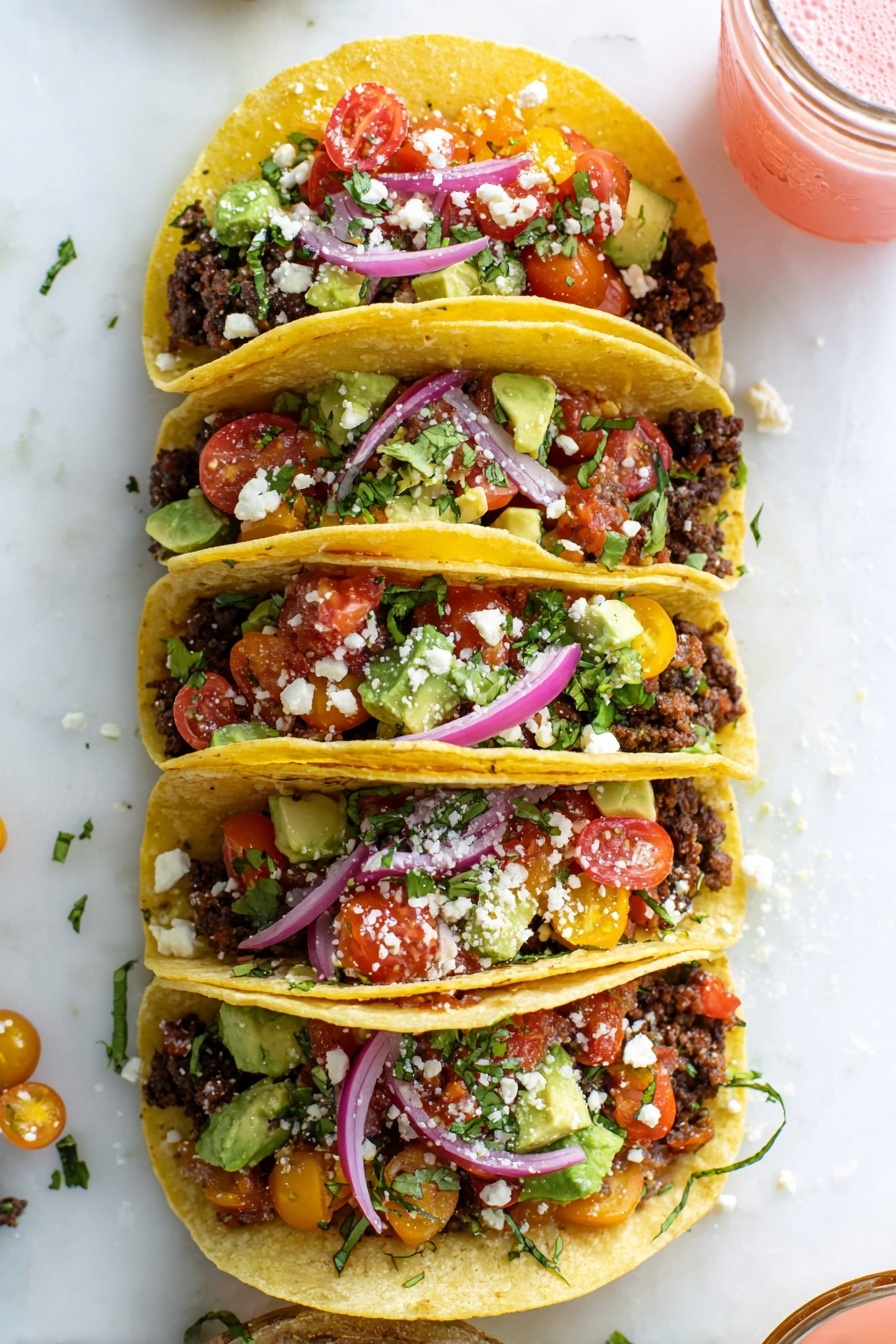 Four soft yellow corn tacos are stacked vertically over a white marbled surface. Each taco has a base layer of crumbled dark brown seasoned ground meat, topped with a colorful salad mix of chopped red and yellow cherry tomatoes, green avocado chunks, and fresh green cilantro. Thin slices of bright purple-red onions curve on top, with some white crumbly cheese sprinkled in between the layers. To the upper right, a small glass jar with a pink drink is partially visible. The scene is bright and fresh, showing vibrant colors and textures. photo taken with an iphone --ar 2:3 --v 7 - Quick Ground Beef Tacos, ground beef taco recipe, easy weeknight tacos, quick dinner ideas, flavorful taco dinner
