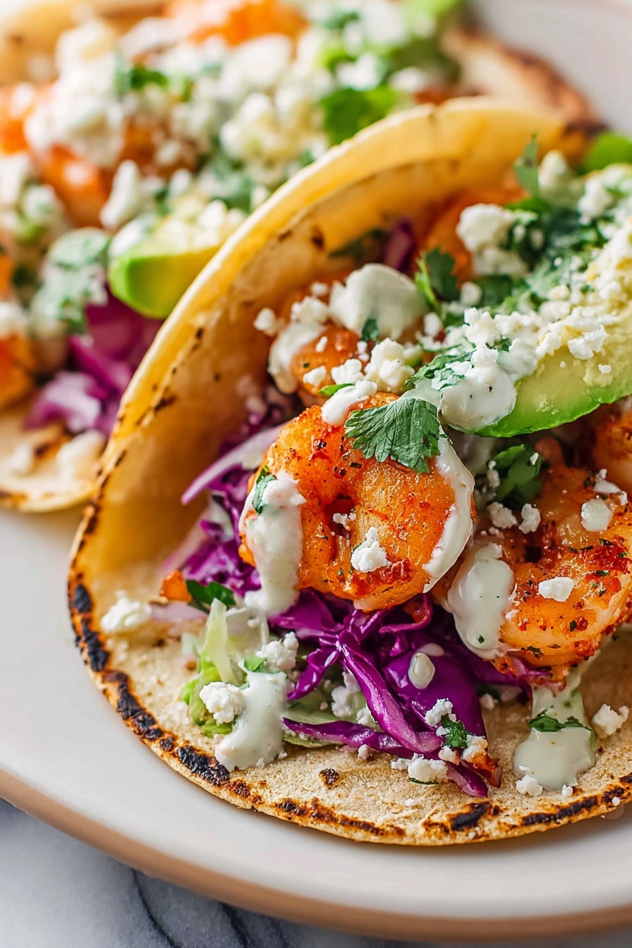 A close-up of two tacos on a white plate with a white marbled surface. Each taco has a soft, slightly charred corn tortilla as the base. Inside the tortillas, there are pieces of cooked orange shrimp layered with slices of fresh green avocado, purple shredded cabbage, and green cilantro leaves. White crumbly cheese is sprinkled over the ingredients. The tacos are finished with a drizzle of white creamy sauce on top. Photo taken with an iphone --ar 2:3 --v 7 - Shrimp Taco with Cilantro Lime Sauce, shrimp taco recipe, cilantro lime shrimp tacos, easy shrimp tacos, quick seafood tacos
