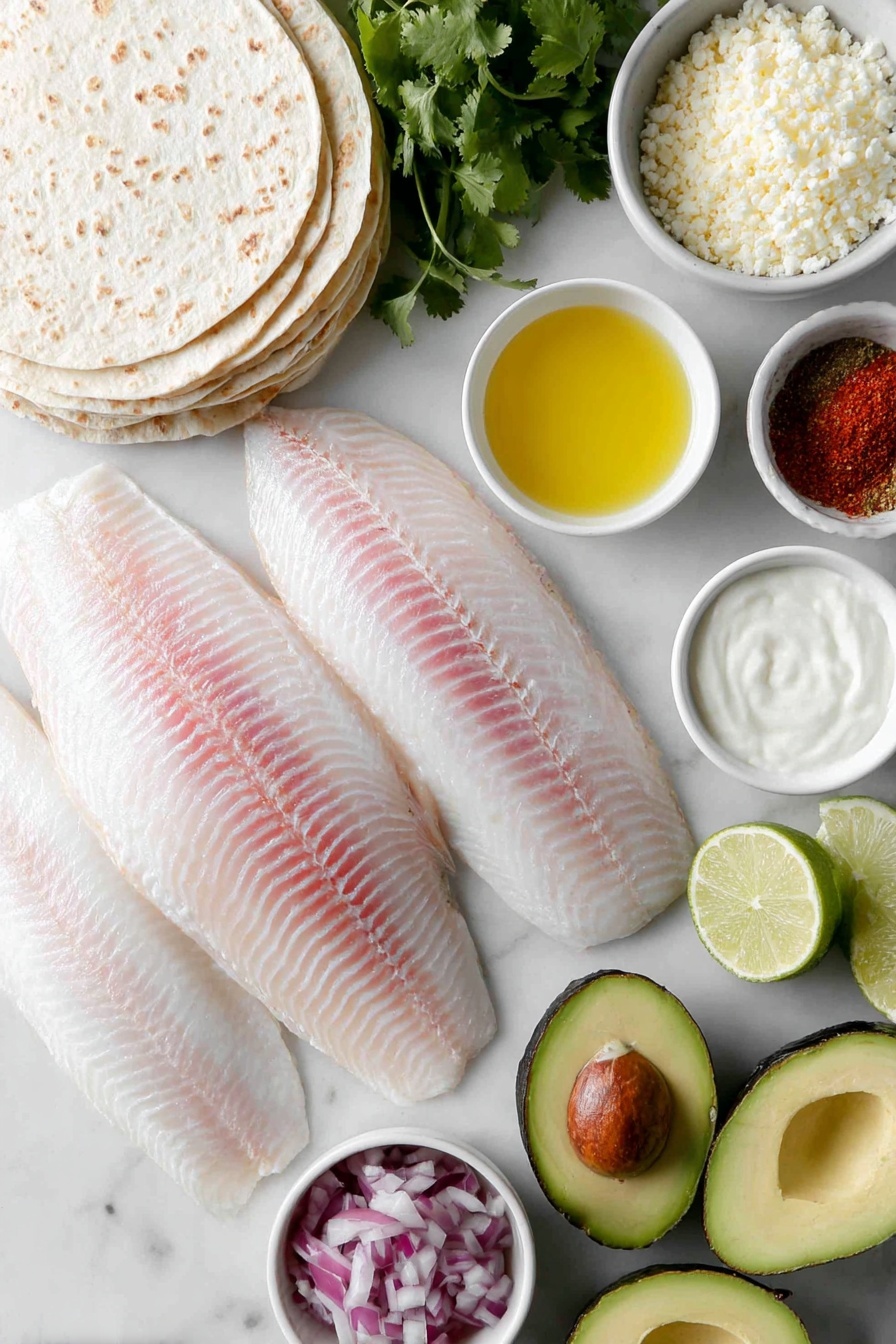 Flat lay of small white corn tortillas stacked neatly, raw whole tilapia fillet with glistening skin, a few sprigs of fresh cilantro with long stems removed, half small purple cabbage quartered to show vibrant layers, two medium ripe avocados sliced lengthwise displaying creamy green flesh, two whole roma tomatoes with smooth red skin, half diced red onion in a small white ceramic bowl, a small white bowl filled with grated Cotija cheese, a whole lime cut into wedges arranged symmetrically, a small white bowl with sour cream, a small white bowl with mayonnaise, a small white bowl containing golden olive oil, a small white bowl showing smooth melted unsalted butter, a tiny white bowl holding ground cumin powder, a tiny white bowl with fine cayenne pepper, a tiny white bowl of coarse salt, a tiny white bowl of black pepper, a small white bowl with bright red Sriracha sauce, a small white bowl with pale lime juice, a tiny white bowl containing garlic powder, all placed on a clean white marble surface, soft natural light, photo taken with an iPhone, professional food photography style, fresh ingredients, white ceramic bowls, no bottles, no duplicates, no utensils, no packaging --ar 2:3 --v 7 --p m7354615311229779997 - Fish Tacos with Cilantro Lime Sauce, fish tacos, cilantro lime sauce recipe, tilapia fish tacos, fresh seafood tacos