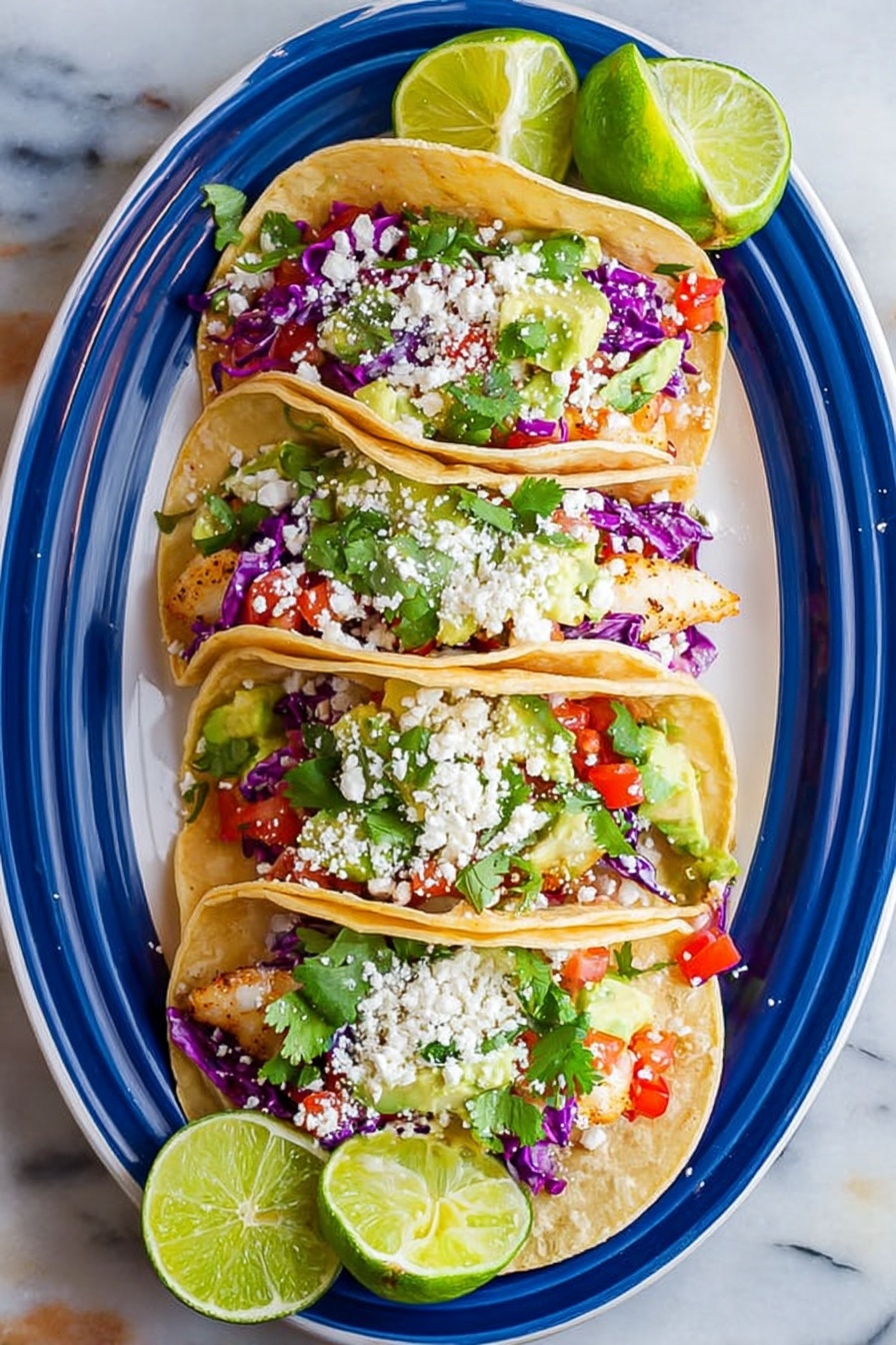 Three soft corn tacos are placed side by side on a white marbled surface, each taco shell lightly toasted with subtle brown spots. Inside each taco, there is a base layer of flaky white fish, topped with vibrant purple shredded cabbage, small red tomato pieces, and diced green avocado. A drizzle of creamy white sauce runs across the filling, with fresh green cilantro leaves scattered on top and around the tacos. Small wedges of lime sit near the tacos on the white marbled surface. The image has a bright and fresh look. photo taken with an iphone --ar 2:3 --v 7 - Fish Tacos with Cilantro Lime Sauce, fish tacos, cilantro lime sauce recipe, tilapia fish tacos, fresh seafood tacos
