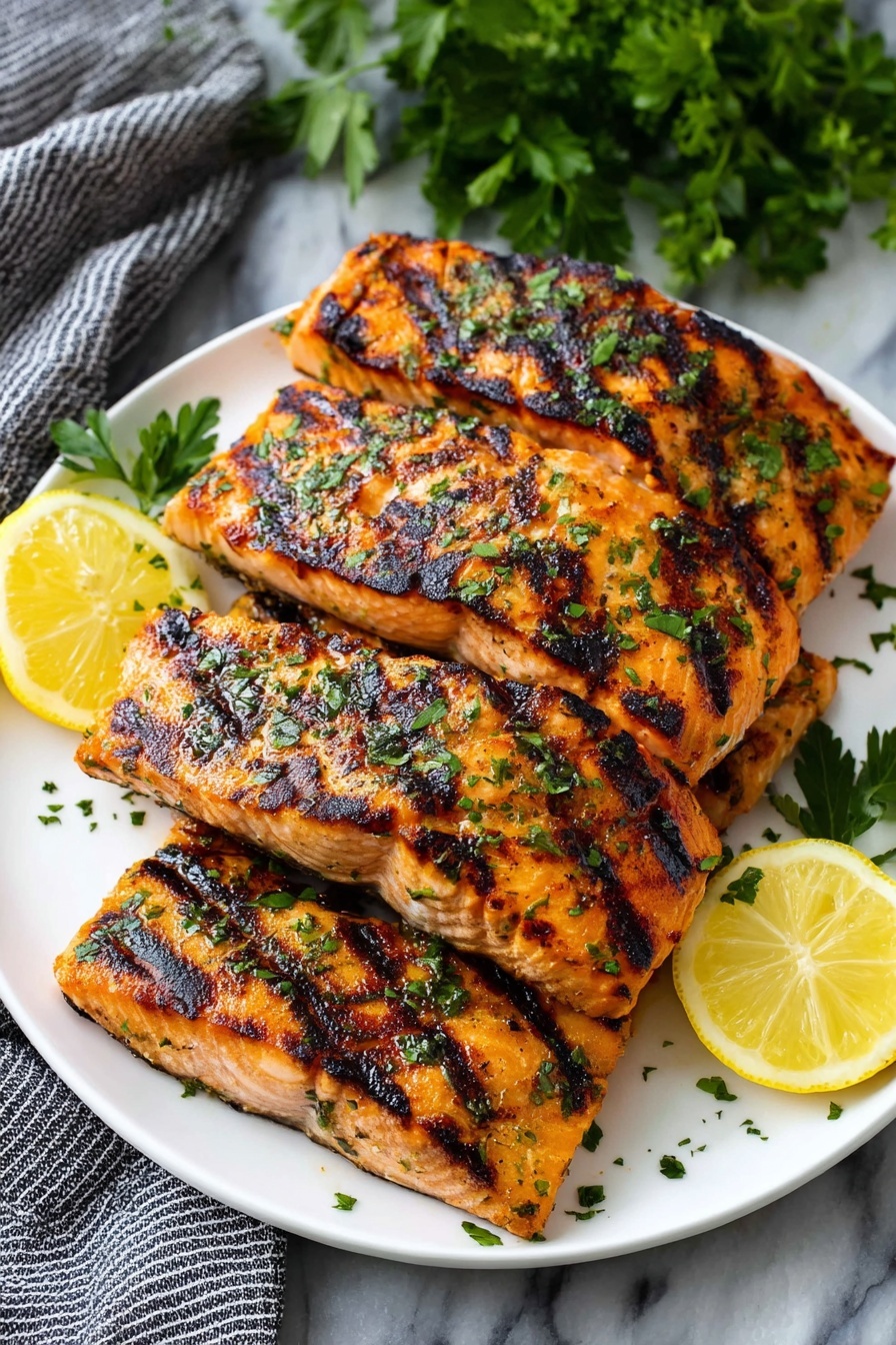 A white plate holds five grilled salmon fillets stacked in two layers, each piece showing charred grill marks and sprinkled with finely chopped green herbs. The salmon's orange-pink flesh contrasts with the dark grill lines, and two bright yellow lemon wedges rest on top and beside the fillets, adding a fresh touch. A small parsley sprig decorates the plate, while a grey striped cloth and green parsley leaves sit in the background on a white marbled surface. photo taken with an iphone --ar 2:3 --v 7 - Grilled Salmon with Citrus Marinade, citrus salmon marinade, healthy grilled salmon, easy salmon recipe, flavorful fish dishes
