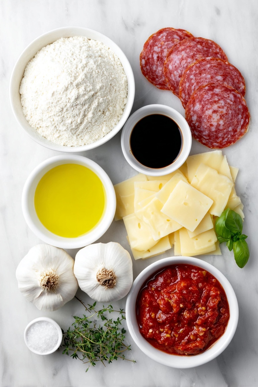 Flat lay of a small mound of bread flour, a few granulated sugar crystals scattered beside it, two packets of dry yeast replaced by a small pile of yeast granules, a teaspoon of salt crystals, a simple white ceramic bowl with warm water, a small white bowl with extra virgin olive oil, two whole unpeeled garlic bulbs, a pinch of crushed red pepper flakes in a small white bowl, a small white bowl filled with crushed tomatoes with basil, a small white bowl with balsamic vinegar, a few slices of pepperoni arranged neatly, thin slices of provolone cheese fanned out, cubes of fontina cheese, and a few fresh sprigs of oregano—all arranged symmetrically and balanced—placed on a clean white marble surface, soft natural light, photo taken with an iPhone, professional food photography style, fresh ingredients, white ceramic bowls, no bottles, no duplicates, no utensils, no packaging --ar 2:3 --v 7 --p m7354615311229779997 - Homemade Pepperoni Pizza, Easy homemade pizza dough, Fresh pizza sauce, How to make pepperoni pizza, Quick homemade pizza recipe