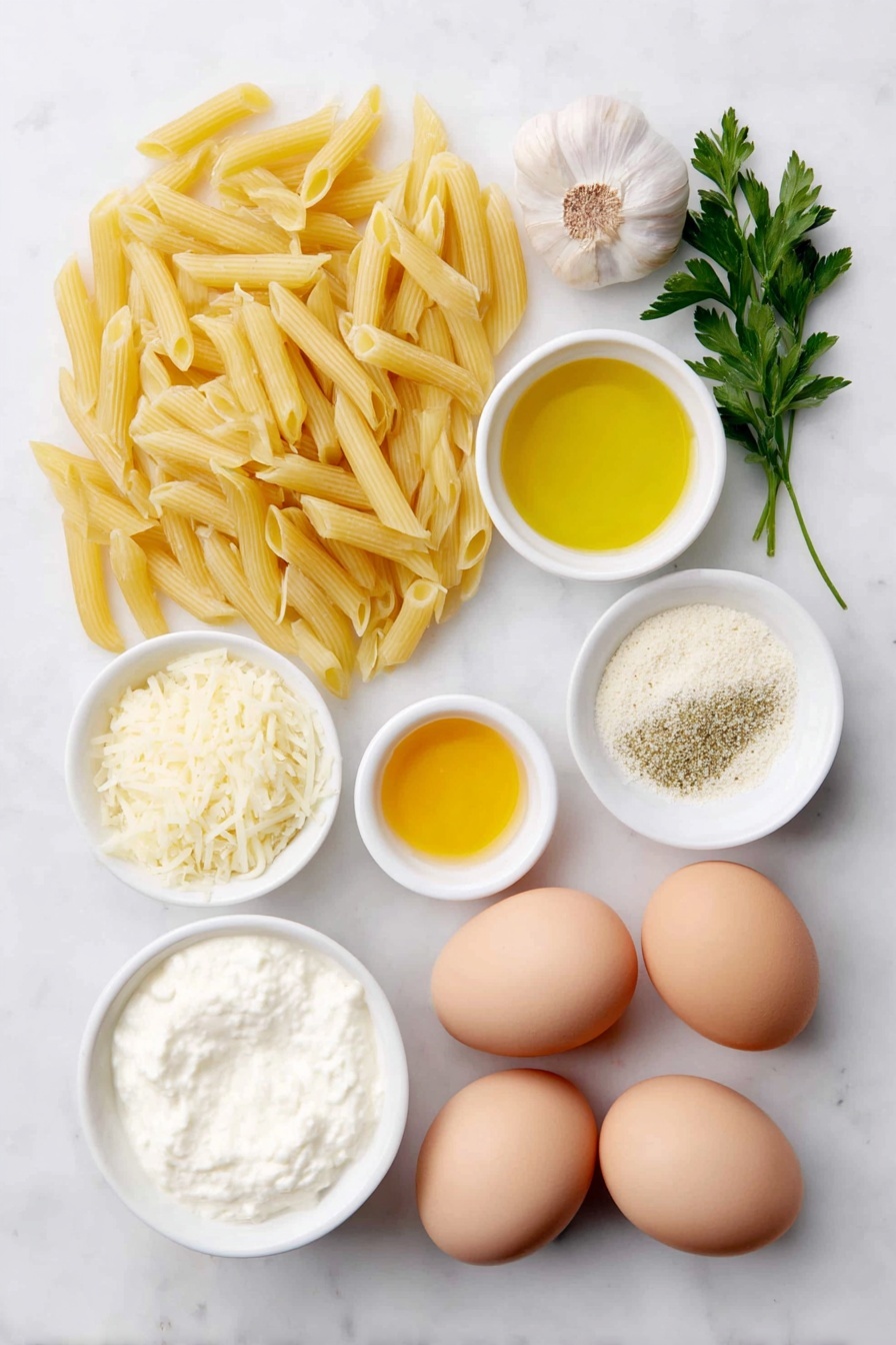 Flat lay of dried penne pasta scattered beside a small mound of peeled and diced yellow onion, four whole garlic cloves, a small white bowl filled with golden olive oil, another small white bowl containing smooth orange pumpkin purée, a small white bowl of thick heavy cream, a neat heap of dried ground sage powder, a simple pile of shredded pale yellow Parmesan cheese, a few fresh bright green parsley sprigs, a small white bowl holding raw green pepitas, and two uncracked brown eggs arranged symmetrically, all placed on a clean white marble surface, soft natural light, photo taken with an iPhone, professional food photography style, fresh ingredients, white ceramic bowls, no bottles, no duplicates, no utensils, no packaging --ar 2:3 --v 7 --p m7354615311229779997 - Creamy Pumpkin Pasta, Pumpkin Pasta Recipe, Easy Pumpkin Pasta, Fall Pasta Dishes, Comfort Food Pasta