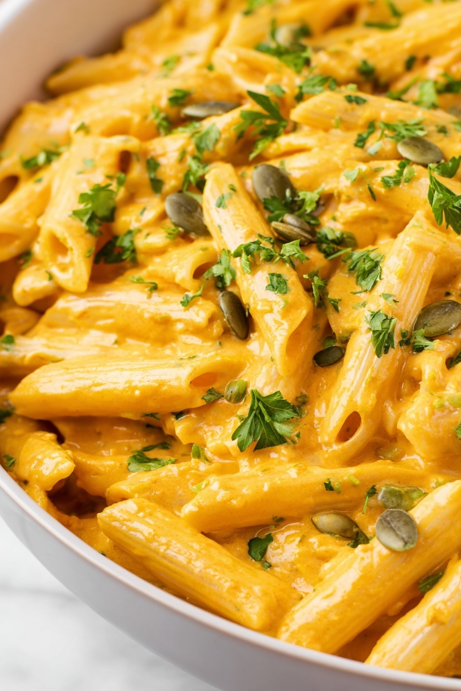 This dish shows a close-up of penne pasta covered in a creamy orange sauce, with the pasta arranged in a single thick layer filling a white bowl. On top, there are small green pumpkin seeds scattered unevenly and chopped fresh parsley pieces spread across, adding a touch of bright green contrast to the dish. The pasta has a smooth, slightly glossy texture, and the sauce lightly clings to each piece. The white marbled surface is just barely visible at the edge of the bowl. photo taken with an iphone --ar 2:3 --v 7 - Creamy Pumpkin Pasta, Pumpkin Pasta Recipe, Easy Pumpkin Pasta, Fall Pasta Dishes, Comfort Food Pasta