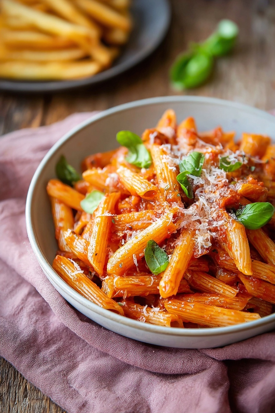 A bowl of penne pasta with three visible layers: a base of bright orange-red tomato sauce coating the penne pieces, scattered fresh green basil leaves on top adding a fresh look, and a light dusting of shredded white cheese sprinkled evenly over the dish. The pasta is served in a round light gray bowl placed on a soft mauve cloth, sitting on a rustic wooden table with a slightly blurred plate with fries in the background. Photo taken with an iphone --ar 2:3 --v 7 - Quick Penne Pomodoro with Fresh Basil, easy pasta recipe, fast Italian dinner, simple tomato basil pasta, quick vegetarian pasta