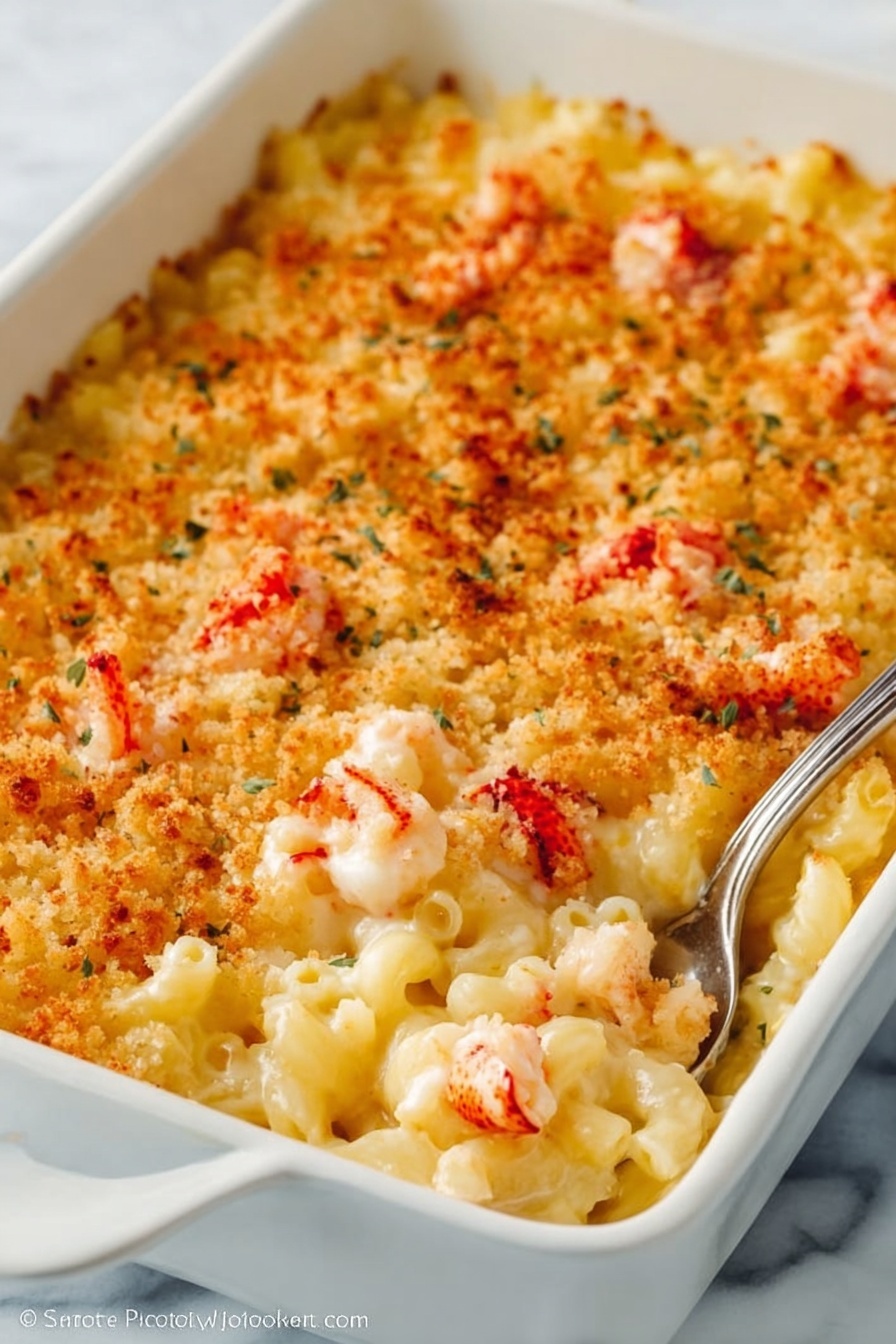 This image shows a close-up of a creamy baked macaroni and cheese dish in a white rectangular ceramic baking dish. The macaroni noodles form the base layer, covered by a melted cheese sauce that is creamy yellow-white in color. On top, there is a golden-brown crust made of toasted breadcrumbs, sprinkled with bits of red lobster meat scattered evenly over the surface. A silver serving spoon is scooping some of the macaroni and cheese from the left side of the dish, revealing the soft pasta and cheese underneath. The background is a white marbled surface. photo taken with an iphone --ar 2:3 --v 7 - Creamy Lobster Mac and Cheese, lobster mac and cheese, gourmet mac and cheese, lobster pasta recipe, indulgent seafood pasta
