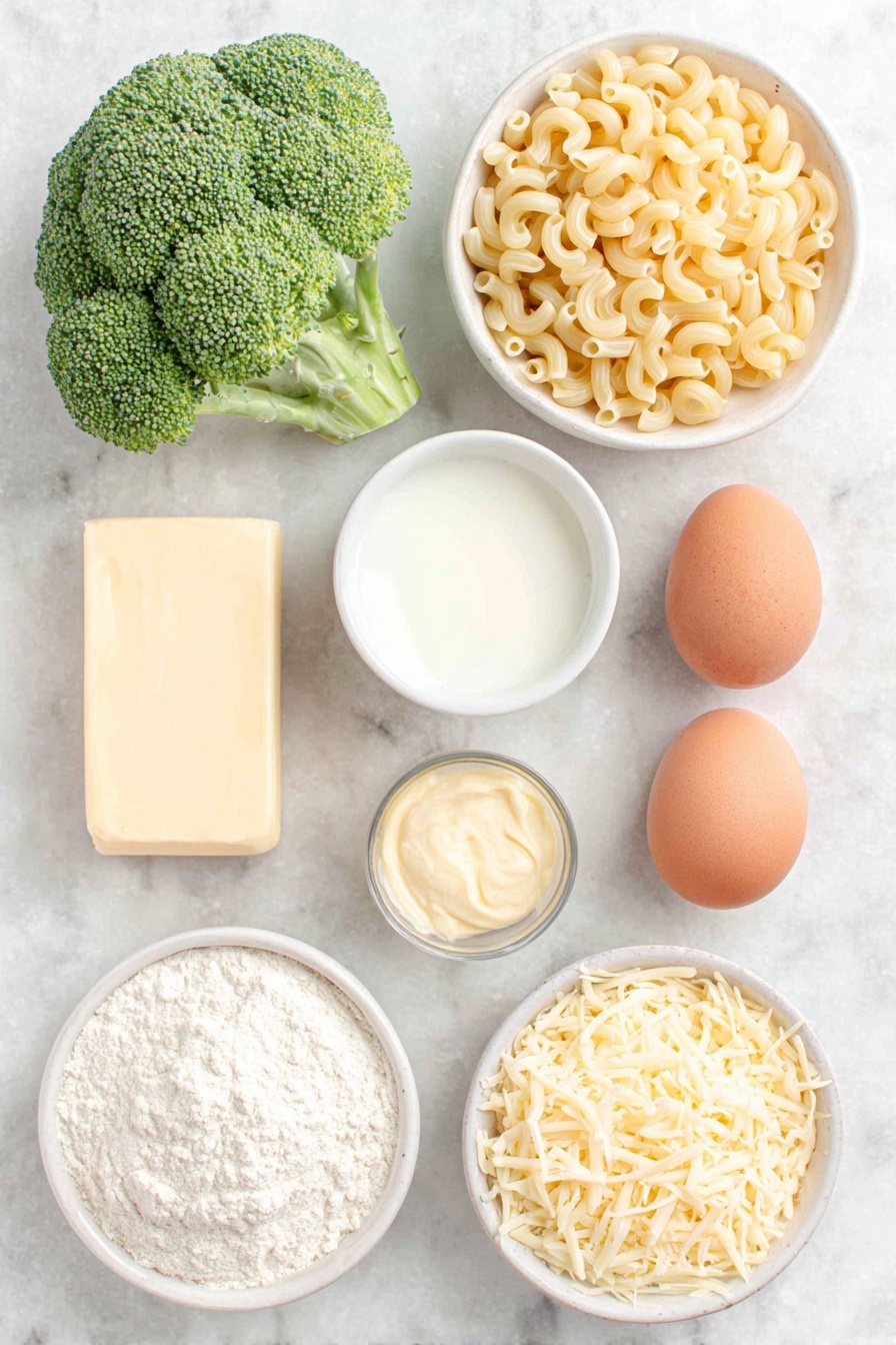 Flat lay of elbow macaroni scattered neatly, three vibrant green broccoli florets, a stick of salted butter with a few small slices cut, a small mound of all-purpose flour on a simple white ceramic plate, a small white bowl filled with creamy 2% milk, a tiny white bowl holding smooth, pale yellow Dijon mustard, two whole uncracked brown eggs, coarse salt crystals and freshly ground black pepper sprinkled artistically on the surface, a small white bowl of shredded sharp cheddar cheese, and another small white bowl with shredded gruyere cheese, all arranged with perfect symmetry and balanced proportions, placed on a clean white marble surface, soft natural light, photo taken with an iPhone, professional food photography style, fresh ingredients, white ceramic bowls, no bottles, no duplicates, no utensils, no packaging --ar 2:3 --v 7 --p m7354615311229779997 - Broccoli Mac and Cheese, healthy broccoli mac and cheese, cheesy broccoli pasta, quick broccoli mac and cheese, family favorite mac and cheese