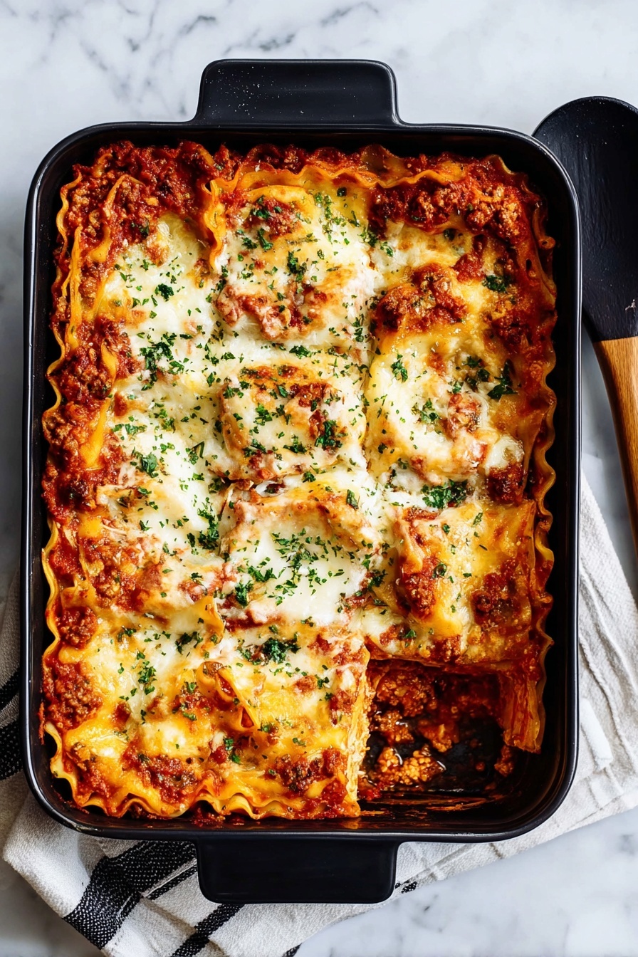 A black baking dish filled with a baked tortellini casserole showing about three layers: a bottom layer of red tomato sauce with herbs, a middle layer of creamy white melted cheese mixed with tortellini pasta, and a top layer of bubbly melted mozzarella cheese sprinkled with green chopped herbs and black pepper. The tortellini pieces are golden with visible sauce and cheese patches. A wooden spoon rests on one corner of the dish, which is set on a white marbled surface. photo taken with an iphone --ar 2:3 --v 7 - Cheesy Baked Tortellini Casserole, baked tortellini recipes, cheesy pasta casserole, hearty tortellini dinner, easy baked pasta dishes