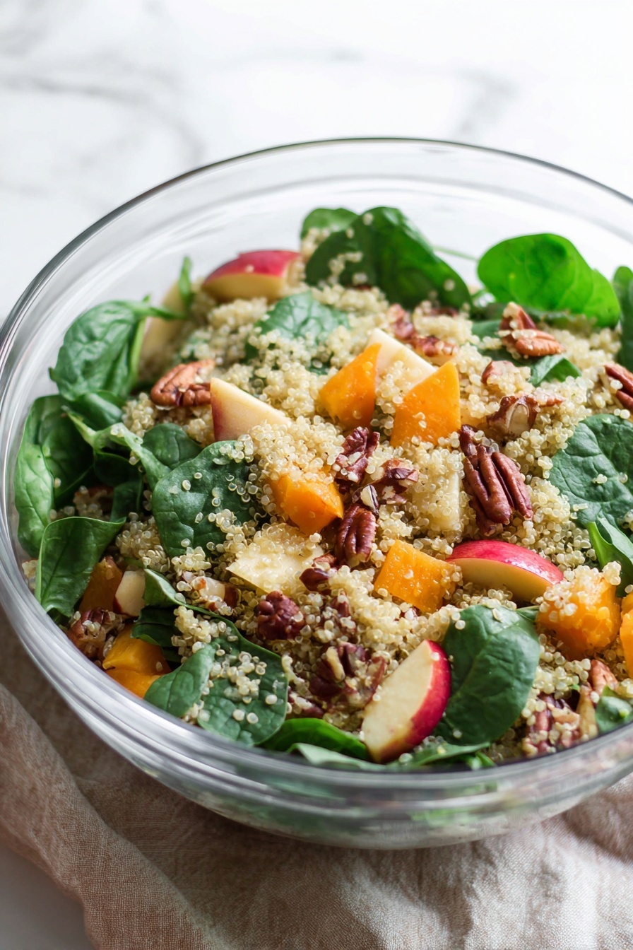 A clear glass bowl holds a salad with three main layers: a bottom layer of light beige quinoa grains scattered throughout, a middle layer of bright green fresh spinach leaves placed on top and mixed in, and a top layer consisting of medium-sized chunks of orange squash, small cubes of red and yellow apple pieces, light beige chickpeas, and whole brown pecan nuts arranged evenly around the salad. Next to the bowl is a small white bowl filled with pecans. The setting includes two vintage silver salad servers placed on a white and red striped cloth, all set on a white marbled texture surface. photo taken with an iphone --ar 2:3 --v 7 - Roasted Butternut Squash Quinoa Salad, healthy fall salads, easy quinoa salad recipes, roasted vegetable salads, nutritious winter salads