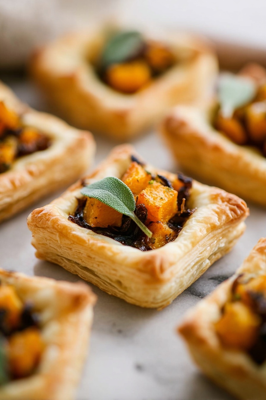 The image shows several small square puff pastry tarts arranged closely together on a white marbled surface. Each tart has a golden-brown, flaky crust with raised edges forming a well in the center. Inside the well, there are small, bright orange cubes of roasted squash layered on top of dark caramelized onions. A small sprig of green herb, possibly sage, rests on top of each tart, adding a fresh touch. The tarts have a soft, layered texture that contrasts with the crisp crusts. The focus is on the front tart, with the others softly blurred in the background. Photo taken with an iphone --ar 2:3 --v 7 - Mini Butternut Squash Tarts, butternut squash appetizer, fall appetizer recipes, puff pastry tart ideas, easy holiday starters