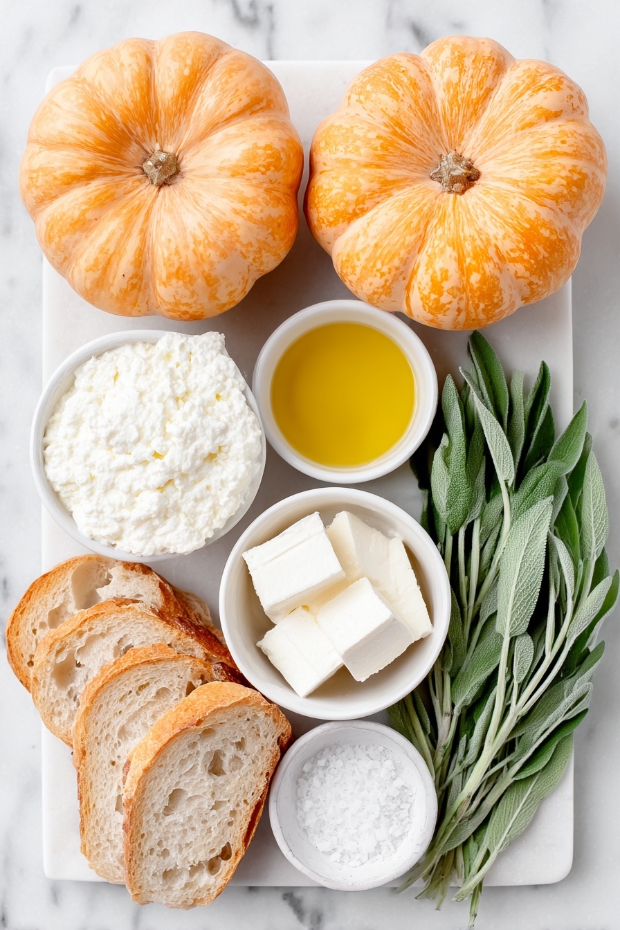 Flat lay of two small whole honeynut squashes, a small pile of peeled 1/2 inch honeynut squash cubes on a simple white ceramic plate, a small white ceramic bowl of whole milk ricotta cheese, a small white ceramic bowl with heavy cream, a small white ceramic bowl filled with golden olive oil, two bunches of fresh green sage leaves spread neatly, a white ceramic plate with several slices of fresh baguette, a small white ceramic bowl of flaky Maldon salt flakes, placed on a clean white marble surface, soft natural light, photo taken with an iPhone, professional food photography style, fresh ingredients, white ceramic bowls, no bottles, no duplicates, no utensils, no packaging --ar 2:3 --v 7 --p m7354615311229779997 - Honey Nut Squash Crostini with Ricotta and Sage, Honey Nut Squash Crostini, Fall appetizer recipes, Easy festive appetizers, Ricotta and sage appetizers