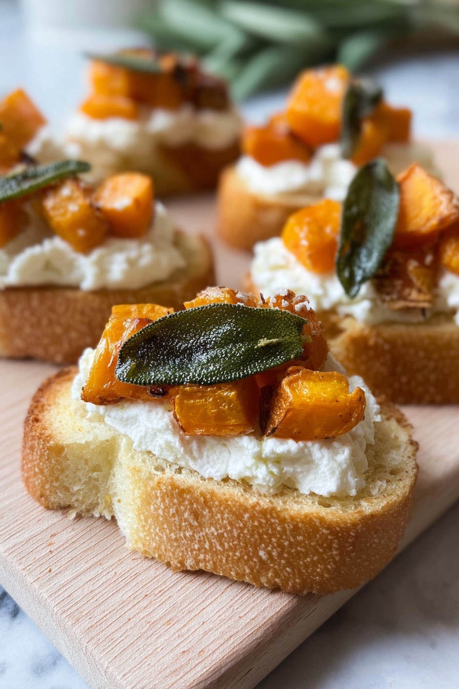 Six small pieces of toasted bread are placed on a light wooden board. Each bread has three layers: first, a smooth layer of white spread; second, several small orange roasted cubes; and third, two or three dark green leaves that look fresh and soft. The bread pieces are arranged in two rows of three. The board sits on a round placemat with a gold patterned texture. Around the edges of the board, fresh green leafy stems are placed to decorate. All this is set on a white marbled surface. Photo taken with an iphone --ar 2:3 --v 7 - Honey Nut Squash Crostini with Ricotta and Sage, Honey Nut Squash Crostini, Fall appetizer recipes, Easy festive appetizers, Ricotta and sage appetizers