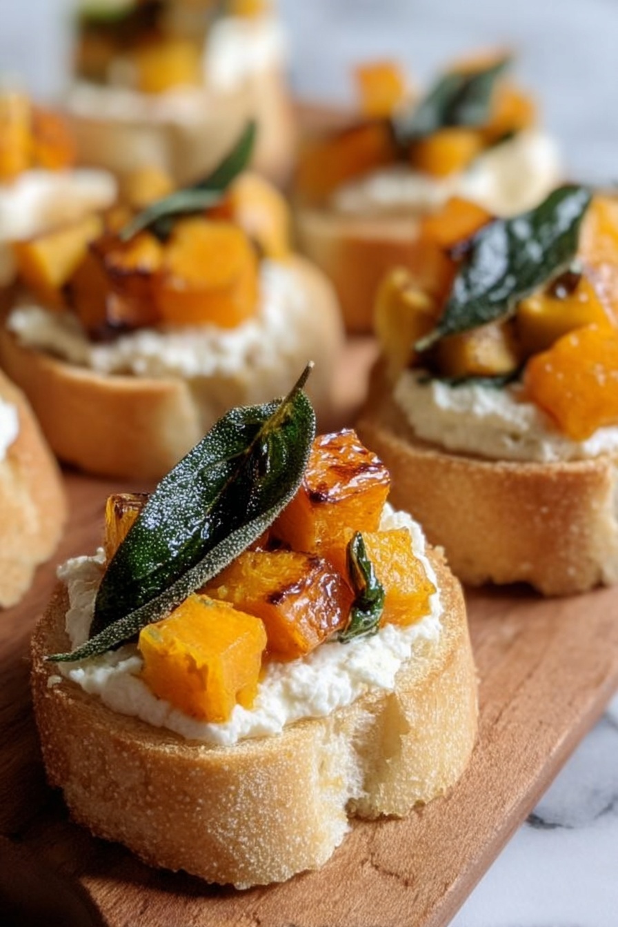 The image shows several small round toasts with three layers. The bottom layer is light tan toasted bread with a crisp texture. The middle layer is creamy white cheese, spread evenly and thick on each toast. The top layer has small bright orange cubes of roasted pumpkin and a dark green crispy leaf placed on each toast. The toasts are on a wooden board, and the background is a white marbled surface. photo taken with an iphone --ar 2:3 --v 7 - Honey Nut Squash Crostini with Ricotta and Sage, Honey Nut Squash Crostini, Fall appetizer recipes, Easy festive appetizers, Ricotta and sage appetizers