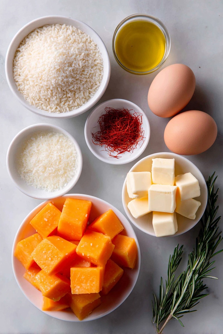 Flat lay of bright orange butternut squash cubes neatly arranged, a small white bowl of golden extra virgin olive oil, two whole brown eggs with clean shells, a simple white bowl filled with tiny red saffron threads, a mound of pale ivory Arborio rice, a small white bowl with minced sweet onion, two garlic cloves with their papery skins, a small white bowl of freshly grated parmesan cheese, a sprig of fresh green rosemary, a small white bowl holding rich yellow butter cubes, all symmetrically spaced on a clean white marble surface, soft natural light, photo taken with an iPhone, professional food photography style, fresh ingredients, white ceramic bowls, no bottles, no duplicates, no utensils, no packaging --ar 2:3 --v 7 --p m7354615311229779997 - Butternut Squash Risotto with Saffron, creamy butternut squash risotto, saffron flavored risotto, cozy fall risotto, vegetarian saffron risotto