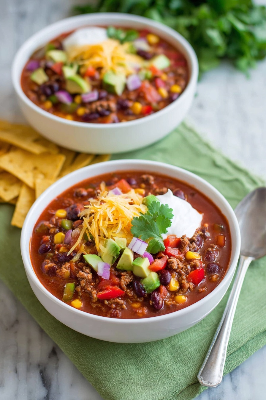 Two white bowls of chili sit on a white marbled surface layered over a green cloth. The front bowl is filled with a thick red chili base that holds visible chunks of brown ground meat, red and black beans, yellow corn, and diced red and green peppers. On top, there is a layer of shredded yellow and white cheese, a dollop of white sour cream, and a small green cilantro leaf. Beside this bowl are thin yellow tortilla strips laying flat. Behind it, the second white bowl contains more chili with a mixture of similar colorful ingredients including corn, beans, diced avocado, and red onions. To the right on the white marbled surface, a silver spoon is placed next to the front bowl, and a bunch of green cilantro leaves lies near the second bowl. photo taken with an iphone --ar 2:3 --v 7 - Beef Taco Soup, Taco Soup Recipe, Easy Taco Soup, Hearty Taco Soup, One-Pot Taco Soup