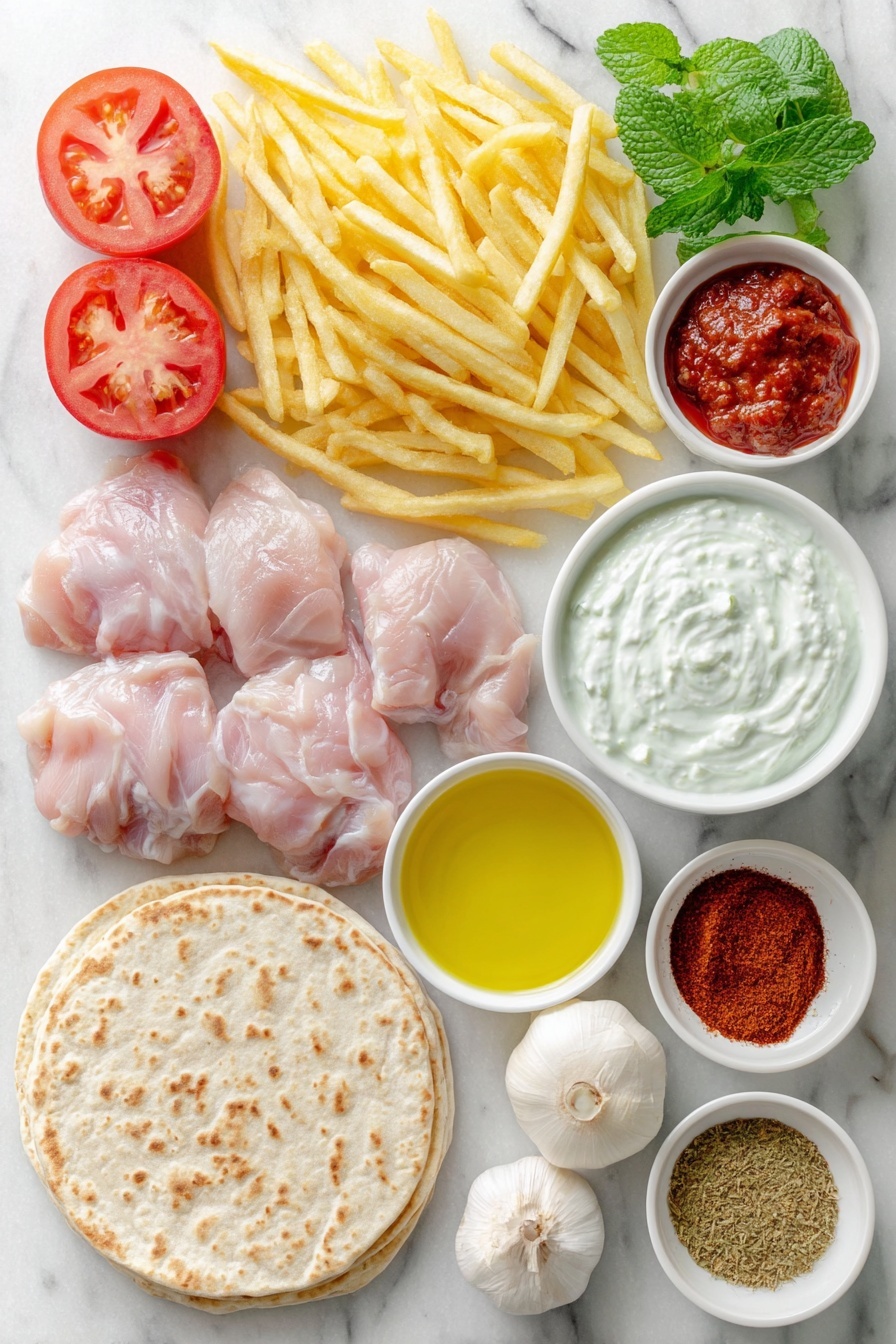 Flat lay of frozen French fries piled loosely, two ripe red tomatoes sliced into rounds, one whole red onion thinly sliced into delicate rings, a small handful of fresh bright green mint leaves, four soft Lebanese flatbreads stacked neatly, a small white ceramic bowl filled with creamy white Greek yoghurt, a small white ceramic bowl with smooth pale garlic dip, raw boneless, skinless chicken thighs arranged evenly, a small white ceramic bowl containing deep red tomato paste, a small white ceramic bowl with freshly squeezed lemon juice, a few cloves of whole fresh garlic, a small white ceramic bowl with golden olive oil, a small white ceramic bowl with ground cumin powder, a small white ceramic bowl with ground cardamom powder, a small white ceramic bowl with sweet paprika powder, a small white ceramic bowl with smoked paprika powder, a small white ceramic bowl holding coarse sea salt flakes, a small white ceramic bowl with freshly cracked black pepper, all ingredients spaced evenly and symmetrically, placed on a clean white marble surface, soft natural light, photo taken with an iPhone, professional food photography style, fresh ingredients, white ceramic bowls, no bottles, no duplicates, no utensils, no packaging --ar 2:3 --v 7 --p m7354615311229779997 - Chicken Shawarma Wraps, Easy Chicken Shawarma Wraps, Shawarma Wraps with Garlic Yoghurt, Quick Shawarma Dinner, Middle Eastern Chicken Wraps