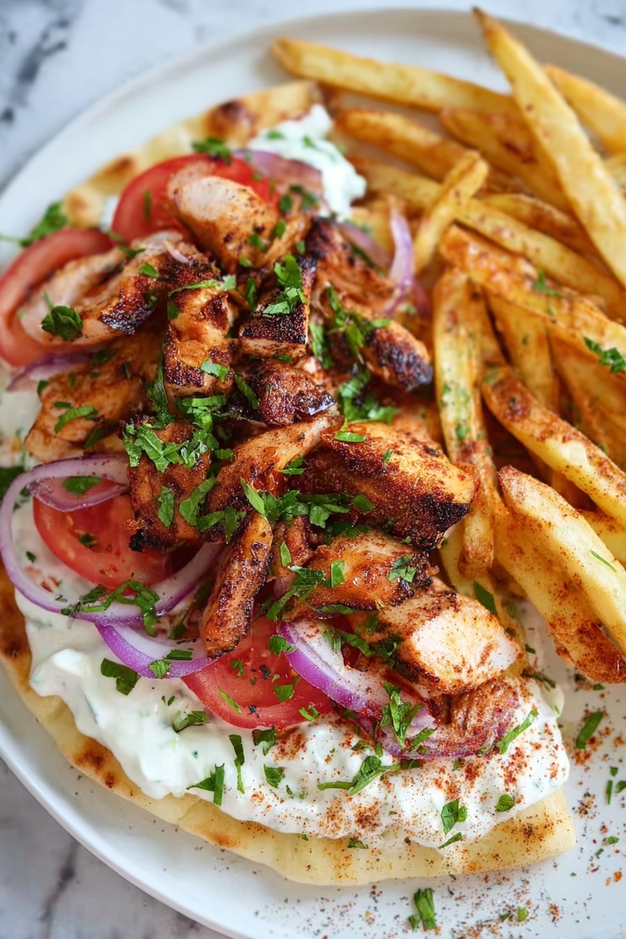 The image shows a white plate with a thick base of flatbread topped with a layer of creamy white sauce. On top of the sauce, there are slices of red tomato and thin rings of purple onion. Grilled pieces of brown, slightly charred chicken are arranged on top of the veggies, sprinkled with chopped green herbs. Thick, golden fries seasoned with a dark powder lean on the chicken. The plate is placed on a white marbled surface, and the food looks fresh and colorful. photo taken with an iphone --ar 2:3 --v 7 - Chicken Shawarma Wraps, Easy Chicken Shawarma Wraps, Shawarma Wraps with Garlic Yoghurt, Quick Shawarma Dinner, Middle Eastern Chicken Wraps