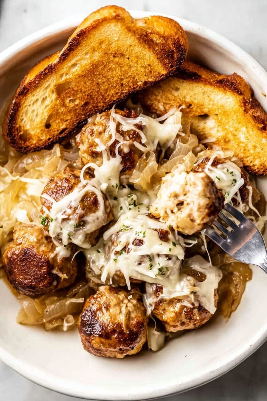 The dish shows a silver skillet filled with multiple brown meatballs, evenly spread across the pan. Between and on top of the meatballs is melted white cheese with a slightly glossy and stretchy texture. Small pieces of fresh green herbs are sprinkled over the cheese and meatballs, adding a touch of color. The sauce beneath is dark brown and rich, partially visible around the meatballs and cheese. The surface under the skillet is a white marbled texture photo taken with an iphone --ar 2:3 --v 7 - French Onion Meatballs, slow cooker meatballs, onion-flavored meatballs, easy slow cooker dinner, hearty family-friendly meal