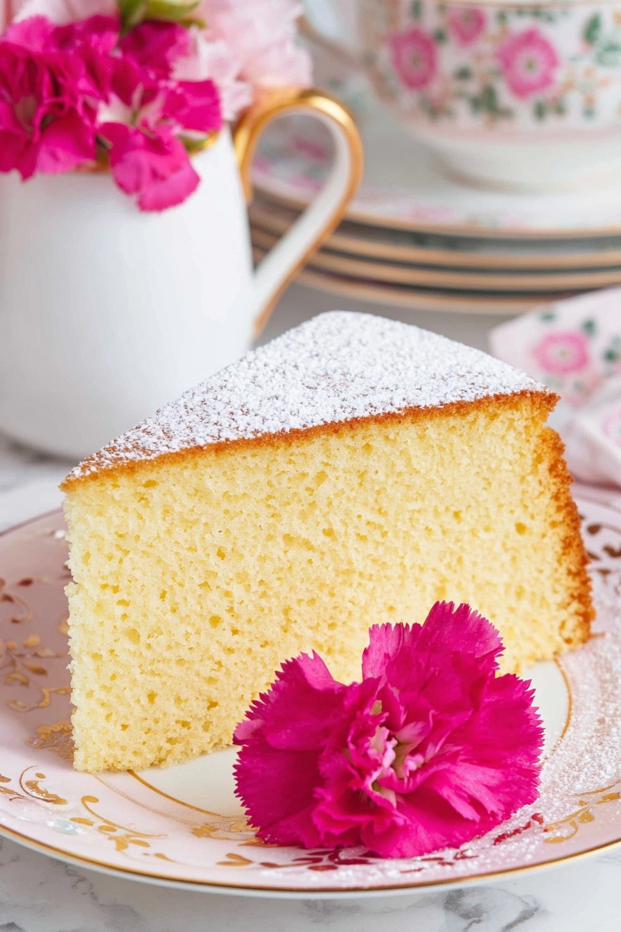 A single slice of soft yellow sponge cake with a light, fluffy texture and small air holes fills the center of a white plate with gold trim. The cake has a thin top layer dusted with white powdered sugar and a slightly darker, golden-brown crust around the edges. Next to the cake slice on the plate is a bright pink carnation flower with ruffled petals. In the background, there is a white teapot with a gold handle and pink flowers inside, along with a stack of white plates with gold rims, placed on a white marbled surface. photo taken with an iphone --ar 2:3 --v 7 - French Butter Cake, easy French cake, moist butter cake, simple French dessert, buttery cake recipe