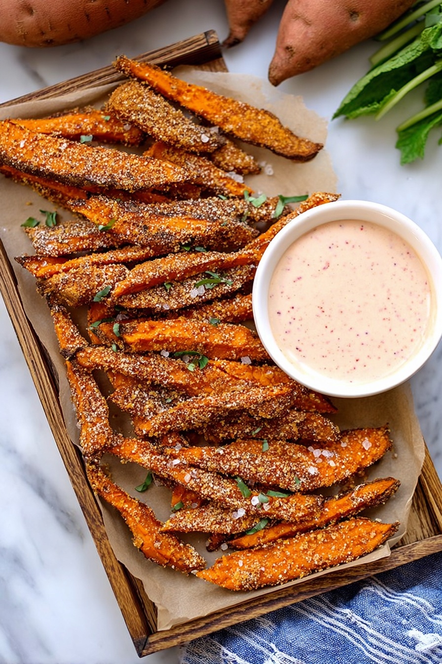 The image shows a wooden tray lined with light brown parchment paper holding two layers of crispy sweet potato fries. The fries have a crunchy, seasoned coating in shades of orange and brown, sprinkled with coarse salt and small green herbs. On the right side of the tray, there is a small white bowl filled with a creamy, light pink dipping sauce that has small visible specks in it. The tray is set on a white marbled surface with some whole sweet potatoes and green leafy stems in the background. A blue and white striped cloth is partially seen beneath the tray. photo taken with an iphone --ar 2:3 --v 7 - Garlic Parmesan Sweet Potato Wedges, Sweet Potato Wedges recipe, Crispy sweet potato side, Easy vegetable side dish, Baked sweet potato wedges