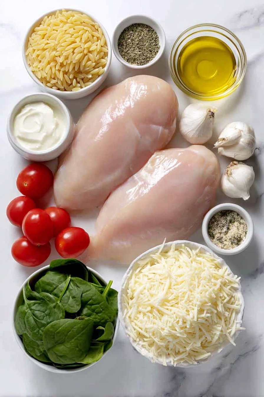 Flat lay of two large raw chicken breasts with smooth pale pink skin, a small white bowl of golden olive oil, a small white bowl of clear low sodium chicken stock, a small white bowl of thick heavy whipping cream, a mound of uncooked orzo pasta with its tiny rice-shaped grains, a loose pile of vibrant green baby spinach leaves, a handful of glossy red cherry tomatoes, a small white bowl filled with shredded white mozzarella cheese, a small white bowl containing freshly grated pale yellow parmesan cheese, five whole uncracked medium garlic cloves with smooth white skins, a small white bowl of freshly squeezed lemon juice, a small white bowl of fine white sea salt, a small white bowl of freshly cracked black peppercorns, and a sprinkle of dried oregano herb flakes, all arranged symmetrically on a clean white marble surface, soft natural light, photo taken with an iPhone, professional food photography style, fresh ingredients, white ceramic bowls, no bottles, no duplicates, no utensils, no packaging --ar 2:3 --v 7 --p m7354615311229779997 - Creamy Chicken Orzo Bake, Chicken Orzo casserole, cheesy chicken bake, easy weeknight chicken dinner, comforting baked chicken dish