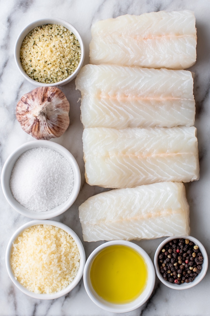 Flat lay of six fresh cod fillets with clean white flesh, two whole uncracked brown garlic cloves, a small white ceramic bowl of seasoned golden breadcrumbs, a small white bowl with melted golden butter, a small white bowl of pale creamy whipping cream, a small white bowl of fresh white milk, a small white bowl of finely grated pale yellow Parmesan cheese, a small white bowl of pure white cornstarch, a small white bowl of coarse kosher salt flakes, a small white bowl of whole black peppercorns, all arranged in perfect symmetry and balanced proportions, placed on a clean white marble surface, soft natural light, photo taken with an iPhone, professional food photography style, fresh ingredients, white ceramic bowls, no bottles, no duplicates, no utensils, no packaging --ar 2:3 --v 7 --p m7354615311229779997 - Creamy Baked Cod with Garlic and Parmesan, baked cod recipes, easy fish dinner, creamy fish dishes, garlic Parmesan fish