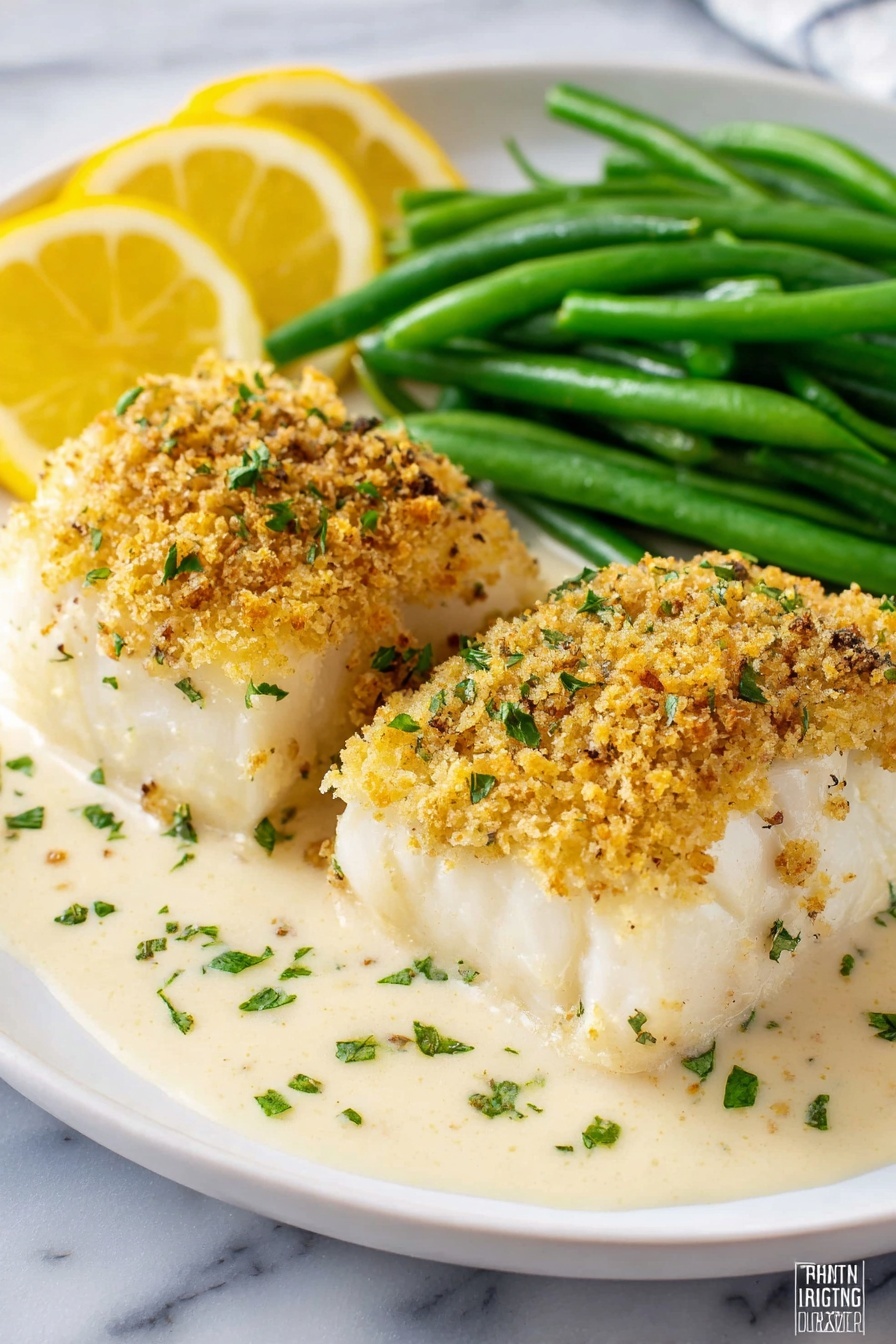 Two thick pieces of white fish with a golden brown crumb topping sit side by side on a white plate. They are covered in a light creamy sauce sprinkled with small green herb bits. Behind the fish, there is a pile of bright green cooked green beans. On the side of the plate, there are two thin lemon slices adding a pop of yellow color. The plate rests on a white marbled surface. photo taken with an iphone --ar 2:3 --v 7 - Creamy Baked Cod with Garlic and Parmesan, baked cod recipes, easy fish dinner, creamy fish dishes, garlic Parmesan fish