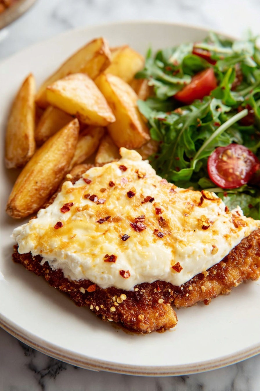 The image shows a white plate with three main layers. The bottom layer is golden-brown fried food with a coarse, crunchy texture that fills the right side of the plate. On top of it is a thick, uneven layer of soft white cheese that looks creamy and slightly melted, with some browned spots on the surface. The cheese layer is sprinkled with small red chili flakes that add a spicy look. To the left of this main stack, there are several thick wedge-shaped potato pieces that are golden and crispy-looking. Next to the potato, some fresh green arugula leaves and small pieces of red tomato add color and freshness to the plate. The plate is placed on a white marbled surface. photo taken with an iphone --ar 2:3 --v 7 - Crispy Hot Honey Feta Chicken, spicy honey chicken, crispy chicken with feta, easy hot honey chicken, flavorful chicken dinner