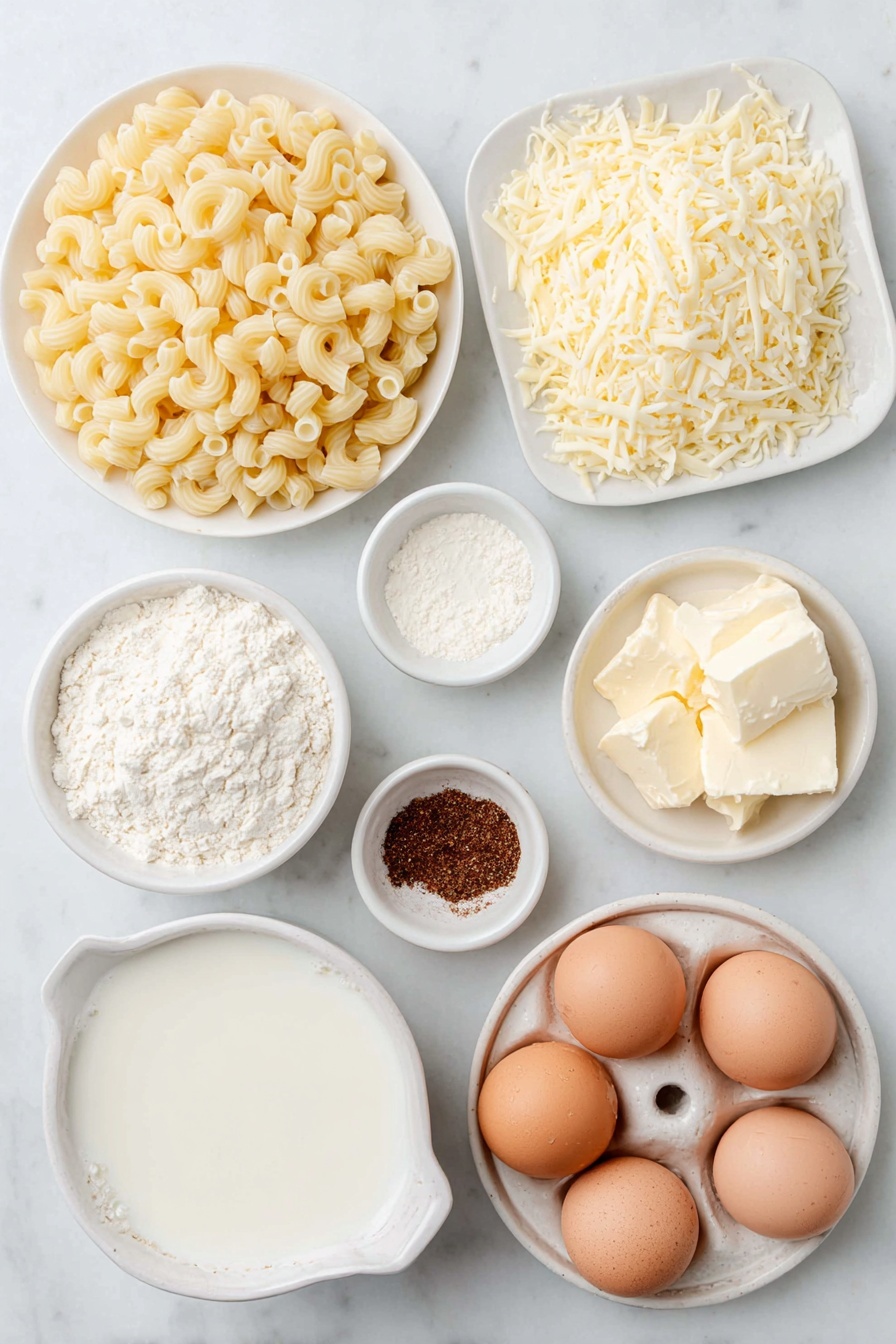 Flat lay of cavatappi pasta in a small white bowl, a pile of shredded mozzarella cheese on a simple white ceramic plate, shredded Colby Jack cheese arranged neatly on a white ceramic dish, sharp cheddar cheese shredded and placed in a small white bowl, a small white bowl filled with thick evaporated milk, a small white bowl holding heavy whipping cream, whole uncracked brown eggs with clean shells arranged symmetrically on a white ceramic plate, a small white bowl containing unsalted butter cubes, a small white bowl of all-purpose flour, tiny white bowls each holding salt, white pepper, garlic powder, and smoked paprika powders, a small white bowl with smooth Dijon mustard, all placed on a clean white marble surface, soft natural light, photo taken with an iPhone, professional food photography style, fresh ingredients, white ceramic bowls, no bottles, no duplicates, no utensils, no packaging --ar 2:3 --v 7 --p m7354615311229779997 - Viral Mac and Cheese, creamy macaroni and cheese, TikTok mac and cheese, cheesy comfort food, easy mac and cheese