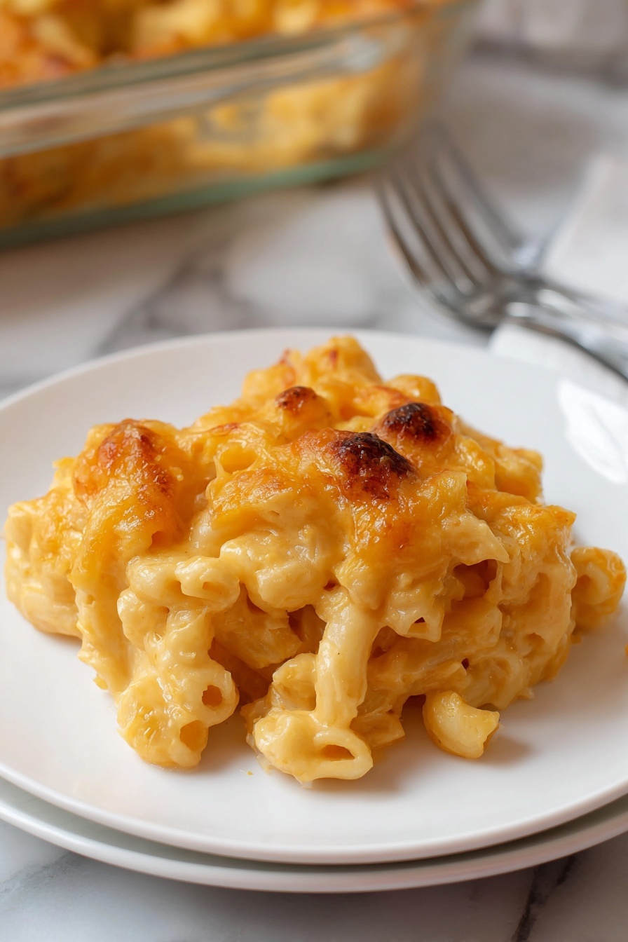 A close-up view of a white plate holding a single serving of baked macaroni and cheese, showing two layers: the bottom layer is creamy, light orange macaroni pasta with a smooth and slightly shiny texture, and the top layer is a golden-brown, slightly crispy baked cheese crust with a few darker toasted spots. The macaroni pieces are clearly visible with their hollow shapes coated in melted cheese. The plate is set on a white marbled surface, with a fork blurred in the background and a glass baking dish partially visible behind the plate. Photo taken with an iphone --ar 2:3 --v 7 - Viral Mac and Cheese, creamy macaroni and cheese, TikTok mac and cheese, cheesy comfort food, easy mac and cheese