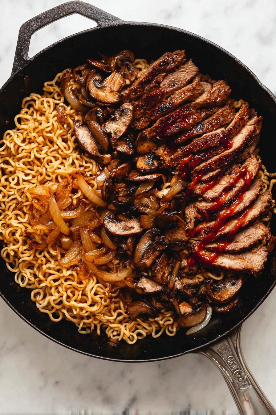 The image shows a black cast iron pan filled with three main layers of food. The bottom layer is a bed of curly cooked noodles with a light brown color, covering most of the pan's base. On one side over the noodles, there are sautéed golden-brown onions with a soft texture. On the other side and slightly mixed with noodles are sliced brown mushrooms. On top of all this, there is a layer of grilled sliced meat, dark brown with a slightly charred texture and a reddish sauce drizzled over it. The pan rests on a white marbled surface. photo taken with an iphone --ar 2:3 --v 7 - Spicy Korean Beef Noodles, Korean Beef Noodles, Spicy Noodle Recipe, Korean Beef Stir-Fry, Quick Korean Noodles