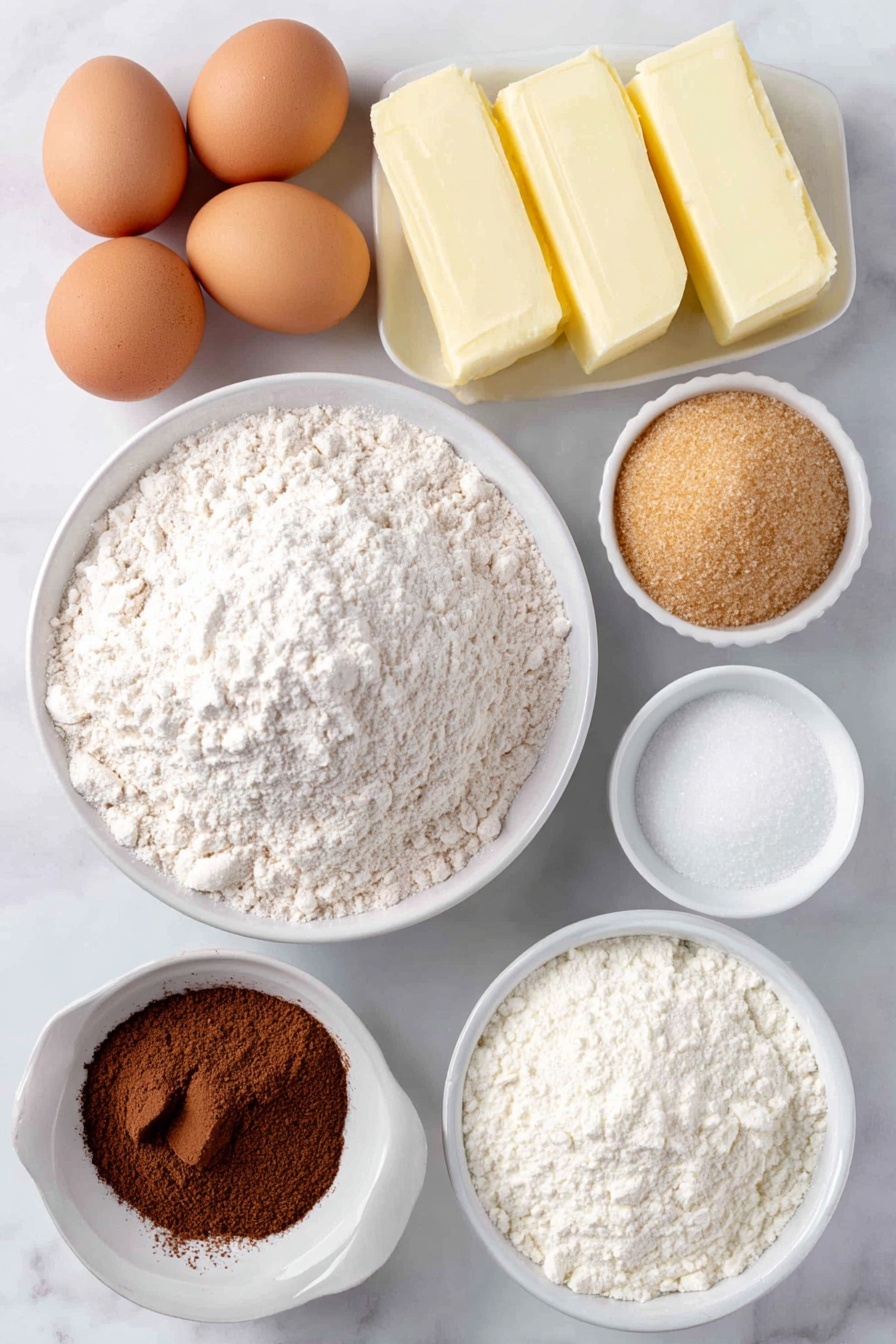 Flat lay of a small mound of pale all purpose flour, a small heap of golden brown packed brown sugar, two sticks of creamy room temperature butter, two whole large brown eggs with clean shells, a small white ceramic bowl of clear vanilla extract, a small white bowl of white granulated sugar, a small white bowl with warm reddish-brown ground cinnamon, a small white bowl of bright white powdered sugar, a small white bowl of fresh milk, a small white bowl of fine white salt crystals, and a small white bowl of light beige baking powder, all arranged symmetrically with perfect spacing, placed on a clean white marble surface, soft natural light, photo taken with an iPhone, professional food photography style, fresh ingredients, white ceramic bowls, no bottles, no duplicates, no utensils, no packaging --ar 2:3 --v 7 --p m7354615311229779997 - Cinnamon Sugar Blondies, cinnamon blondies, easy blondie recipe, cinnamon dessert, sweet blondie bars