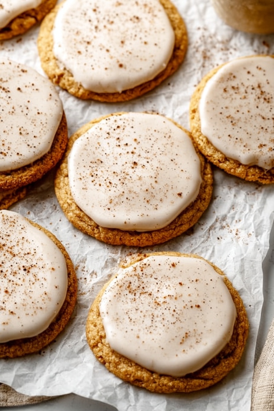 The image shows a group of round cookies arranged close together on crinkled white parchment paper over a white marbled surface. Each cookie has two layers: a golden-brown base with a slightly rough texture and a smooth, light beige icing layer on top that covers most of the cookie but leaves a thin border around the edge. The icing has speckles of brown spice sprinkled evenly over it. The scene is bright with natural light and has a cozy, homemade look. Photo taken with an iphone --ar 2:3 --v 7 - Brown Sugar Cookie Pop-Tarts, homemade toaster pastry recipe, cinnamon brown sugar pastries, flaky cookie Pop-Tarts, easy breakfast pastry