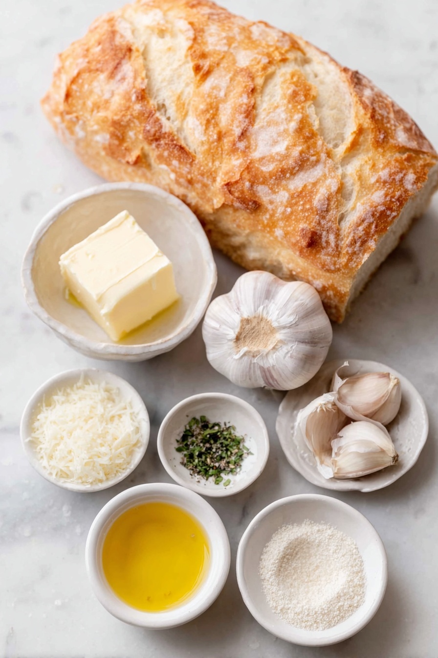 Flat lay of a halved loaf of Italian bread with a crispy golden crust, a whole head of garlic with the top sliced off to reveal cloves, eight uncracked brown garlic cloves, a small white ceramic bowl with smooth soft unsalted butter, a small white ceramic bowl filled with finely grated parmesan cheese, a small white ceramic bowl containing finely chopped mixed fresh herbs including basil and parsley, a small white ceramic bowl holding coarse kosher salt, a small white ceramic bowl with ground black pepper, a small white ceramic bowl with pale golden olive oil, and a small white ceramic bowl with light beige garlic powder—all arranged symmetrically in perfect proportions, placed on a clean white marble surface, soft natural light, photo taken with an iPhone, professional food photography style, fresh ingredients, white ceramic bowls, no bottles, no duplicates, no utensils, no packaging --ar 2:3 --v 7 --p m7354615311229779997 - Garlic Herb Parmesan Bread, garlic bread, herb parmesan bread, cheesy garlic bread, quick bread recipe