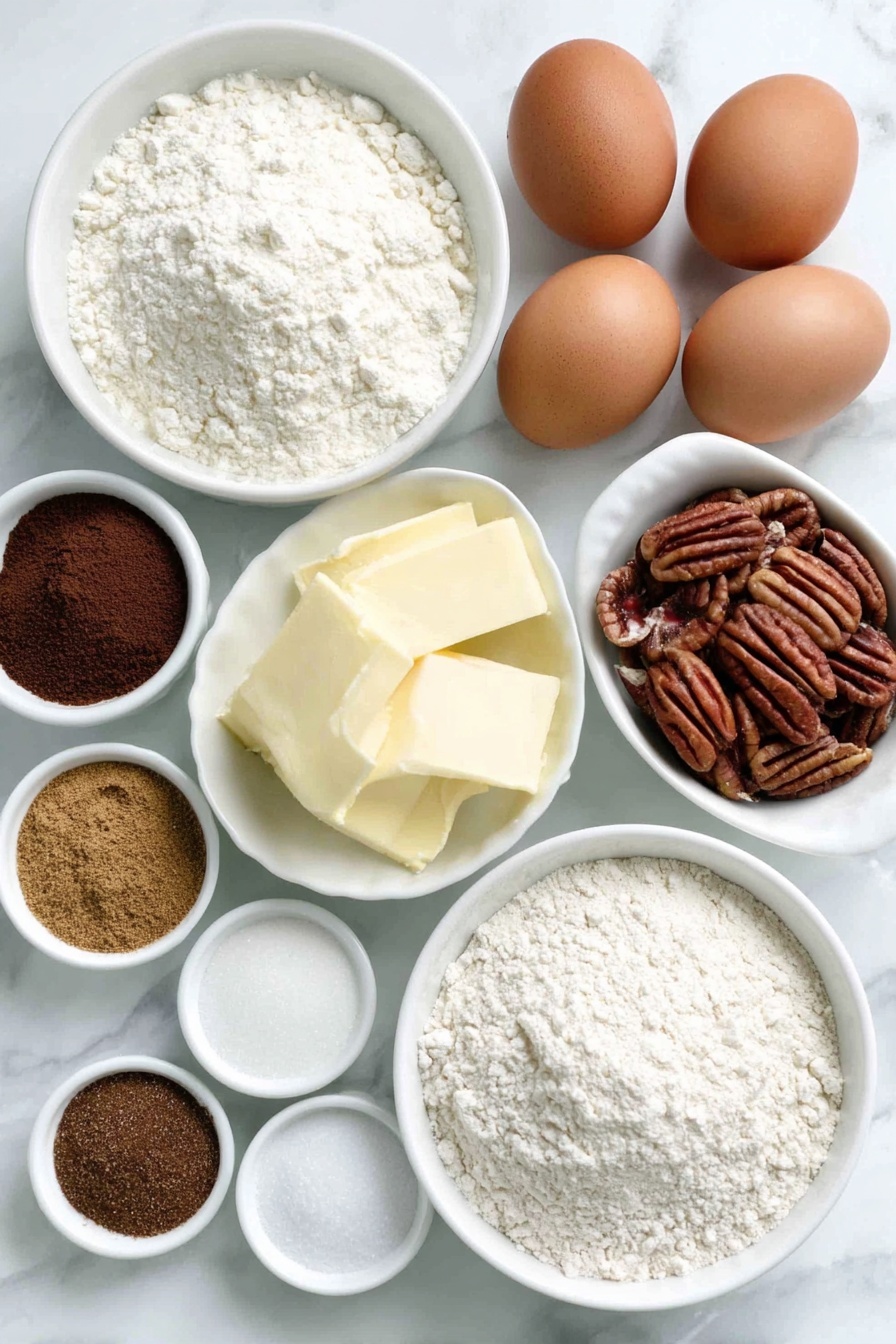 Flat lay of a small white ceramic bowl of whole milk, a few tablespoons of very soft unsalted butter shaped into smooth pats, a small white ceramic bowl of all-purpose flour, a few whole brown eggs with clean shells, a small white ceramic bowl of granulated sugar, a small white ceramic bowl of light brown sugar, a small white ceramic bowl of dark brown sugar packed firmly, a small white ceramic bowl of heavy cream, a small white ceramic bowl of ground cinnamon, a small white ceramic bowl of ground ginger, a small white ceramic bowl of ground nutmeg, a small white ceramic bowl of ground cloves, a small white ceramic bowl of salt, a small white ceramic bowl of vanilla extract, a handful of whole pecan halves, a small pile of roughly chopped pecans, and a small white ceramic bowl containing a small amount of rapid rise yeast packet contents, all arranged with perfect symmetry and balanced proportions, placed on a clean white marble surface, soft natural light, photo taken with an iPhone, professional food photography style, fresh ingredients, white ceramic bowls, no bottles, no duplicates, no utensils, no packaging --ar 2:3 --v 7 --p m7354615311229779997 - Butter Pecan Cinnamon Buns, cinnamon roll recipe, pecan sweet rolls, soft buttery buns, pecan cinnamon pastry