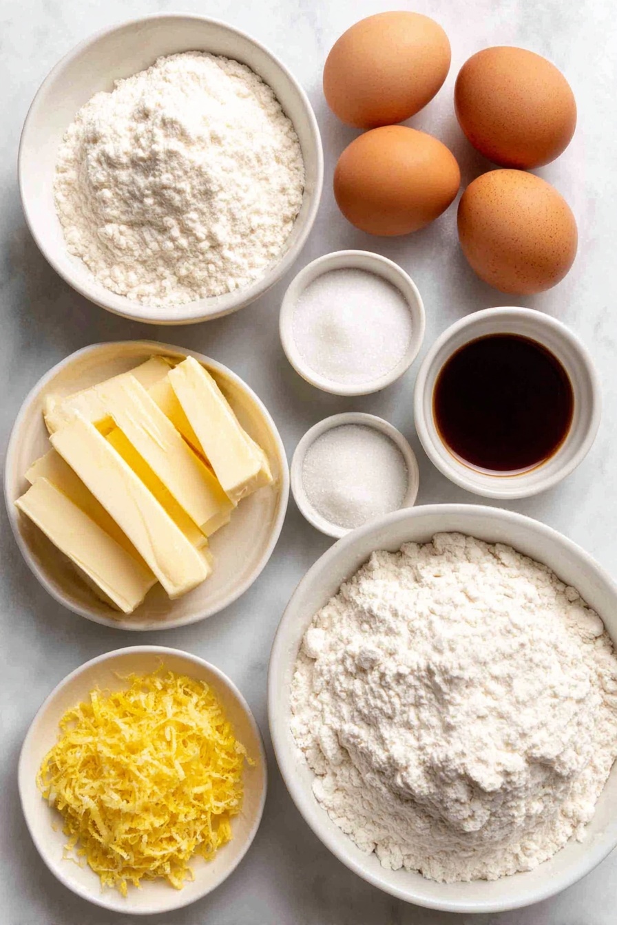 Flat lay of a small stick of unsalted butter, three whole large brown eggs with clean shells, a small white bowl of granulated sugar, a small white bowl of fine kosher salt crystals, a small white bowl with clear vanilla extract, freshly grated lemon zest from one lemon, a small mound of all-purpose flour, a small white bowl of baking powder, a small white bowl of confectioners’ sugar, placed on a clean white marble surface, soft natural light, photo taken with an iPhone, professional food photography style, fresh ingredients, white ceramic bowls, no bottles, no duplicates, no utensils, no packaging --ar 2:3 --v 7 --p m7354615311229779997 - Lemon Madeleines, French Lemon Madeleines, Lemon Cake Bites, Easy Lemon Pastry, Lemon Patisserie Snacks