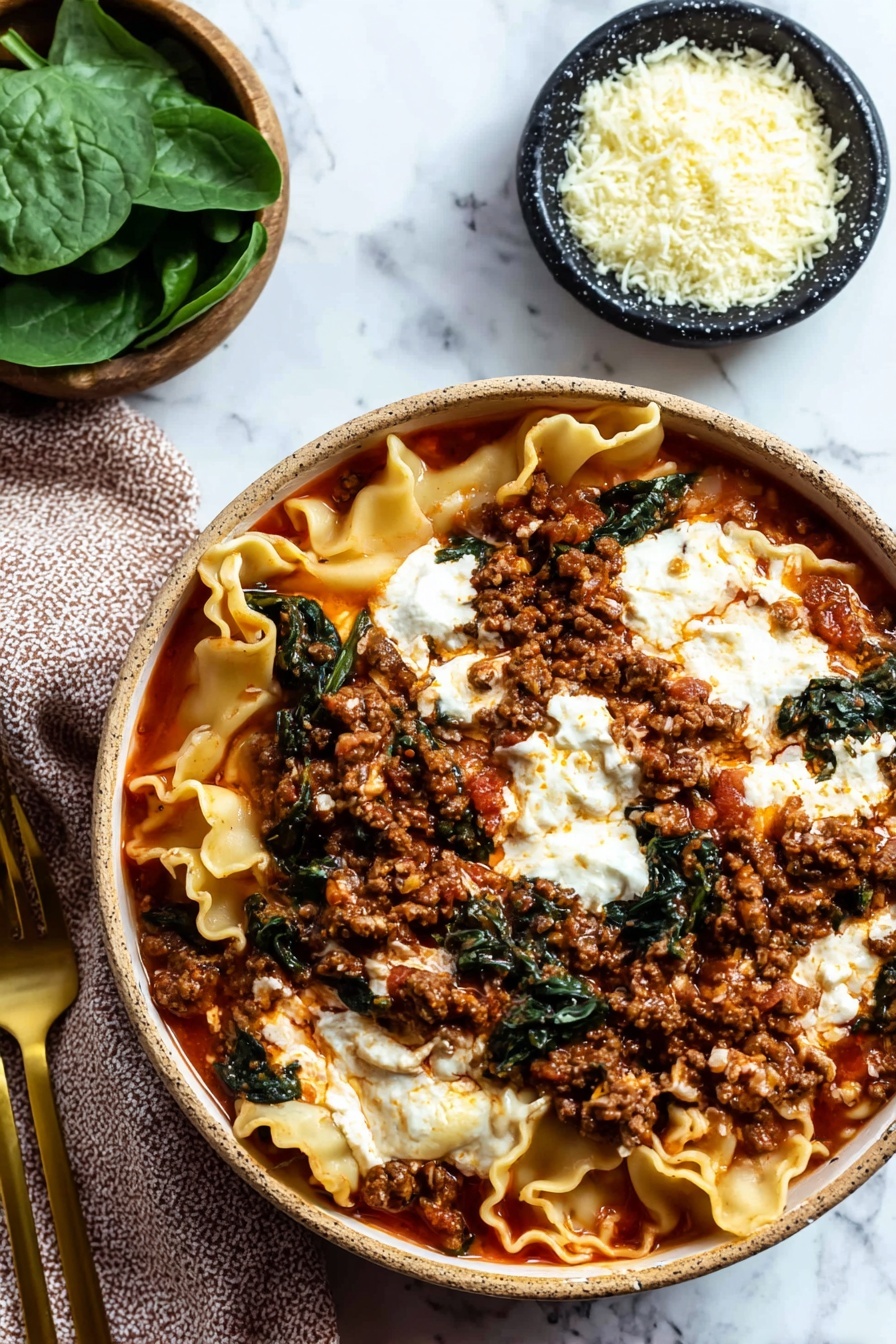 A white bowl sits on a white marbled surface filled with lasagna soup, showing several wavy layers of soft, translucent yellow pasta sheets partially submerged in a rich, red tomato meat sauce with visible ground meat and green spinach leaves. A dollop of white ricotta cheese is placed on top in the center, adding a creamy contrast. Nearby, a small white bowl of grated cheese and a golden spoon with a black handle rest on the surface, along with fresh spinach leaves and a textured green cloth. A woman's hand reaches from the left side of the image. Photo taken with an iphone --ar 2:3 --v 7 - One Pot Lasagna Soup, lasagna soup, easy lasagna soup, hearty Italian soup, one pot pasta dinner
