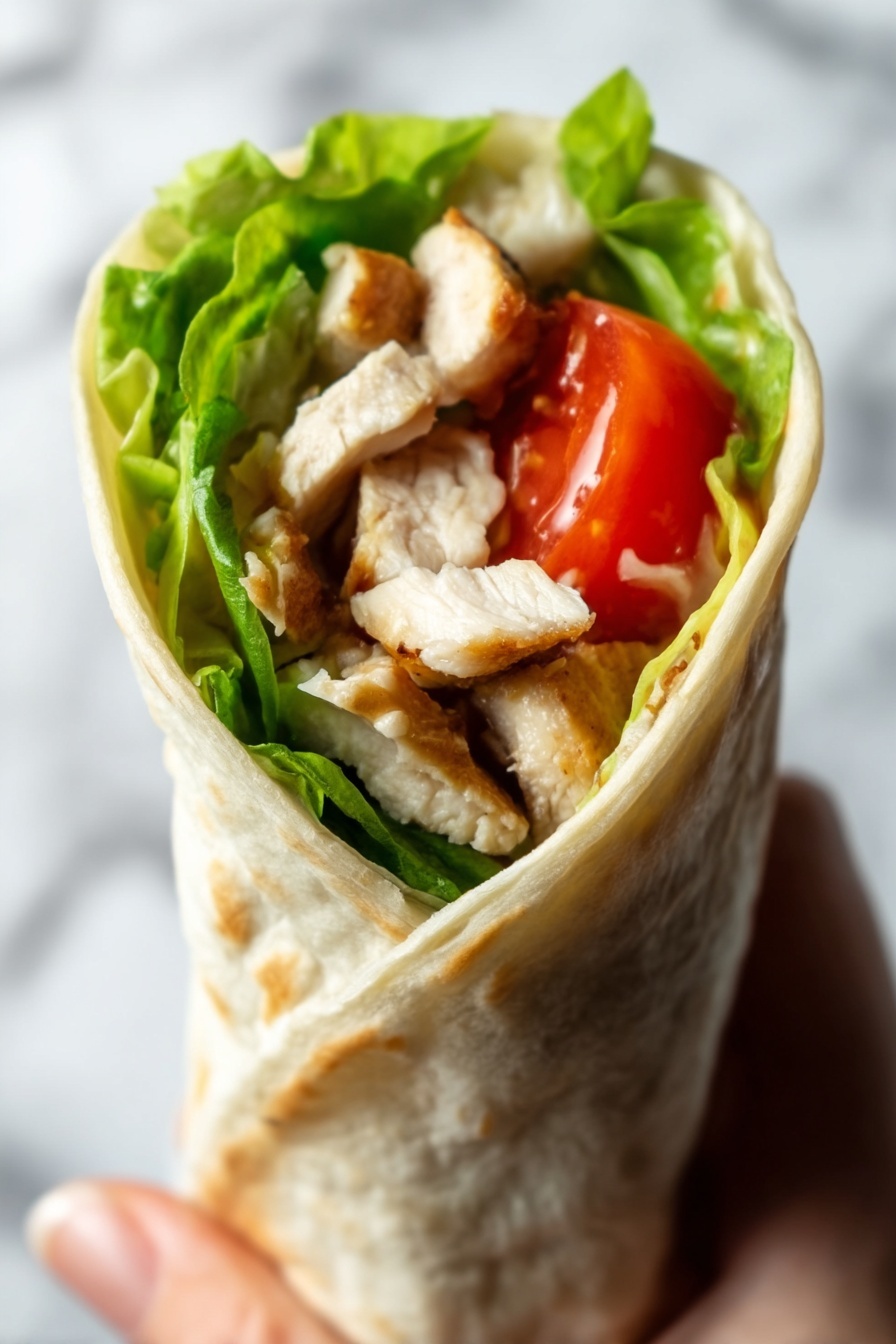 A close-up image of a chicken wrap held by a woman's hand, showing a tortilla wrap folded to form a cone shape. Inside, there is a layer of bright green lettuce at the back, followed by a slice of red tomato, and chunks of cooked white chicken pieces with a light brown, slightly crispy texture. The background features a white marbled texture, and the overall colors are natural and warm with a soft focus on the wrap. Photo taken with an iphone --ar 2:3 --v 7 - Sweet Chili Chicken Wrap, Chicken Wraps with Thai Chili Sauce, Quick Chicken Wrap Recipes, Easy Spicy Chicken Wraps, Healthy Chicken Wrap Ideas
