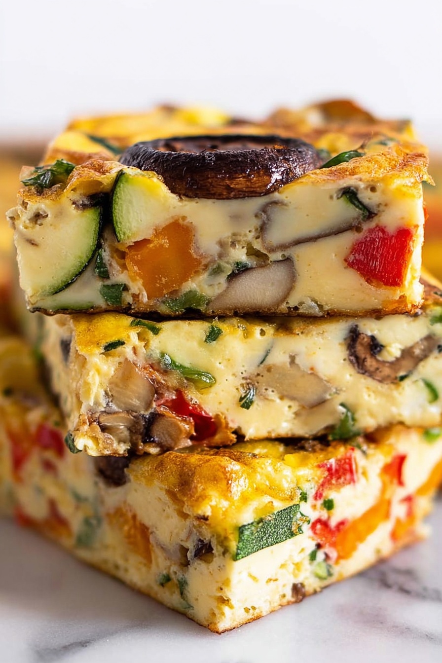 The image shows a close-up of three thick, square slices of a vegetable frittata stacked on top of each other. The top two slices have a creamy, light yellow egg base with brightly colored chunks of zucchini green, red bell pepper, and orange vegetables evenly spread inside. There is a large dark brown mushroom slice on the very top slice. The edges of the frittata are golden brown and slightly crispy, especially on the bottom slice, which has a rich golden crust. The stack is placed on a white marbled surface that contrasts with the vivid colors of the frittata. photo taken with an iphone --ar 2:3 --v 7 - Vegetable Baked Frittata with Cheese, healthy vegetable frittata, cheesy baked breakfast dish, easy veggie frittata recipe, make-ahead brunch ideas