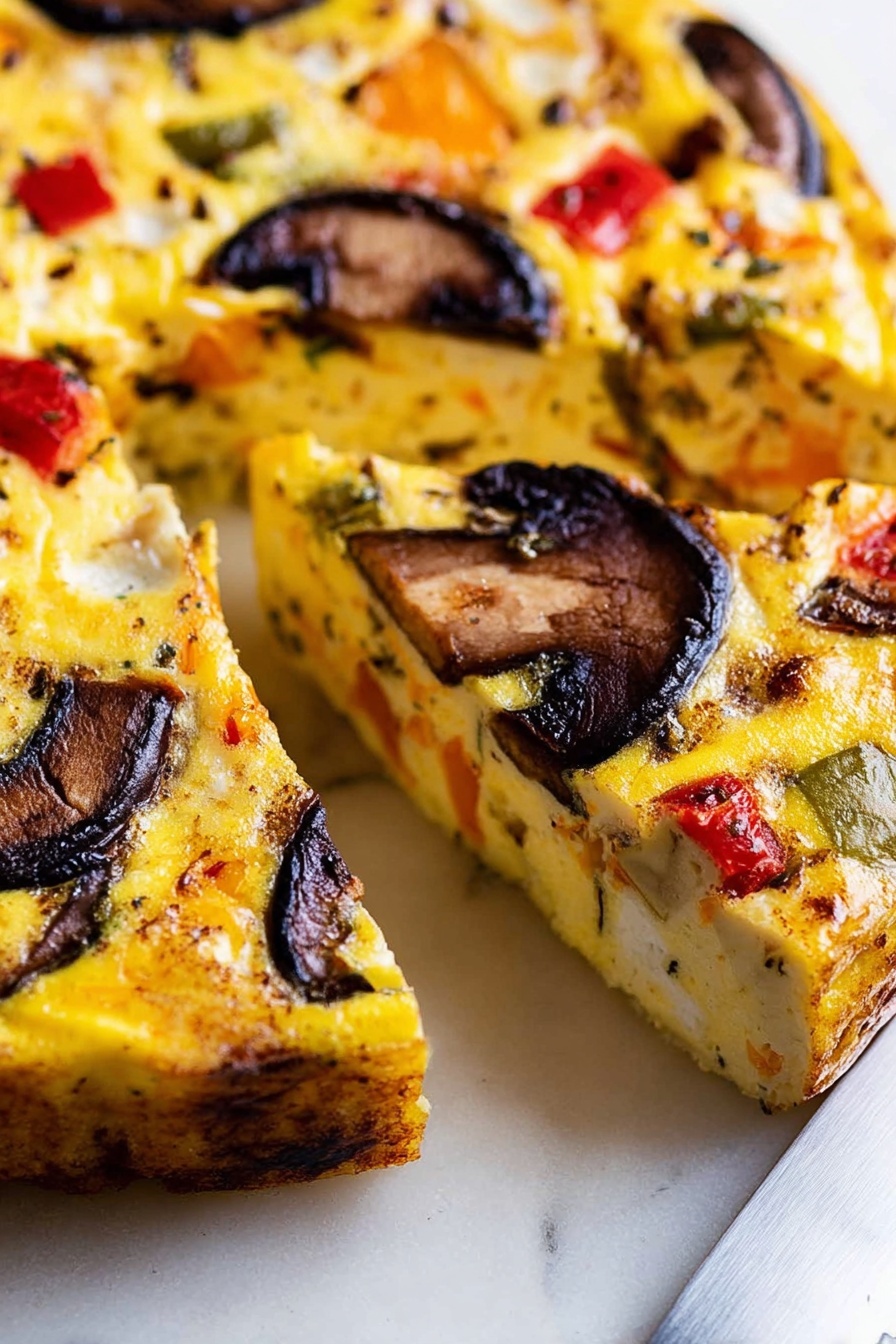 The dish shows a thick, round frittata with one piece cut and slightly separated, revealing a rich inside full of colorful vegetable chunks. The top layer is golden-yellow with browned spots and has large dark brown mushroom slices and a few red pieces that look like peppers scattered across it. Inside, you can see a mix of orange, green, white, and red vegetable pieces, all held together by the yellow egg base. The frittata sits directly on a white marbled surface, and a knife is partially visible to the bottom right. The photo is focused close-up on the frittata's texture and colors, showing the moist but firm inside. photo taken with an iphone --ar 2:3 --v 7 - Vegetable Baked Frittata with Cheese, healthy vegetable frittata, cheesy baked breakfast dish, easy veggie frittata recipe, make-ahead brunch ideas