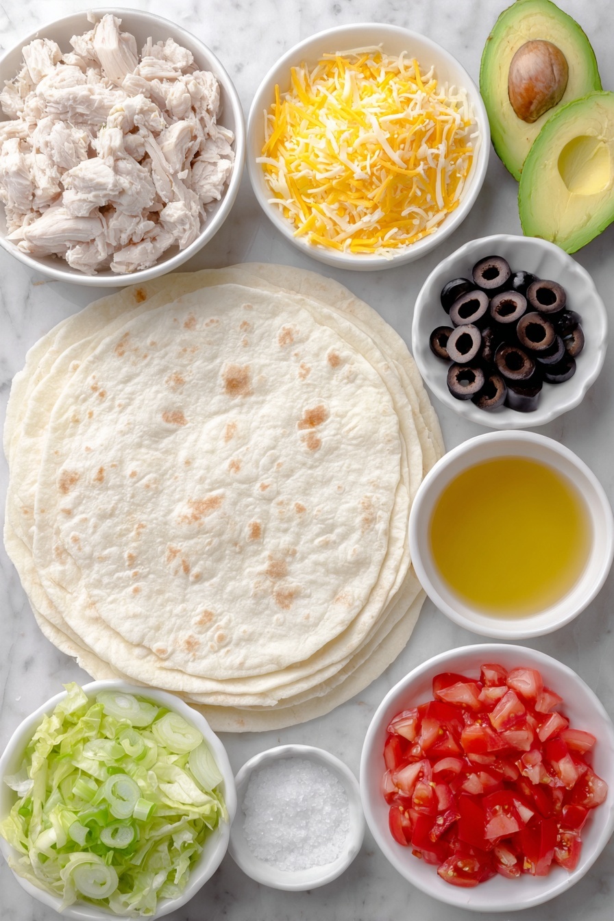 Flat lay of a large flour tortilla, a small mound of grated sharp cheddar cheese, a small white ceramic bowl with golden olive oil, fresh sliced brown mushrooms, a few green onions with bright green tops, a small pile of thinly sliced black olives, a small heap of diced ripe red tomatoes, tender cooked chicken pieces, a halved ripe avocado with vibrant green flesh, crisp chopped iceberg lettuce, a small white ceramic bowl with amber apple cider vinegar, and coarse salt crystals scattered neatly, all arranged symmetrically on a clean white marble surface, soft natural light, photo taken with an iPhone, professional food photography style, fresh ingredients, white ceramic bowls, no bottles, no duplicates, no utensils, no packaging --ar 2:3 --v 7 --p m7354615311229779997 - Easy Cheese Quesadilla with Fillings, cheesy quesadilla recipe, quick quesadilla ideas, customizable quesadilla lunch, easy snack recipes