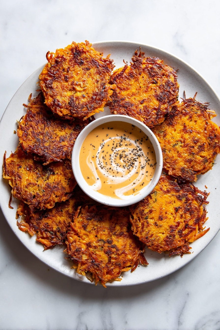 A white plate on a white marbled surface holds seven round, crispy fritters, each with a deep orange and golden brown color, showing a textured surface of grated vegetables, slightly charred around the edges. On the upper left side of the plate, a small white bowl contains a creamy dipping sauce with a light swirl of white cream on top, sprinkled with black pepper. The fritters are layered closely together, showing a crunchy, uneven texture. photo taken with an iphone --ar 2:3 --v 7 - Baked Vegan Sweet Potato Hash Browns, healthy vegan breakfast, vegetarian sweet potato recipes, crispy baked hash browns, plant-based breakfast ideas