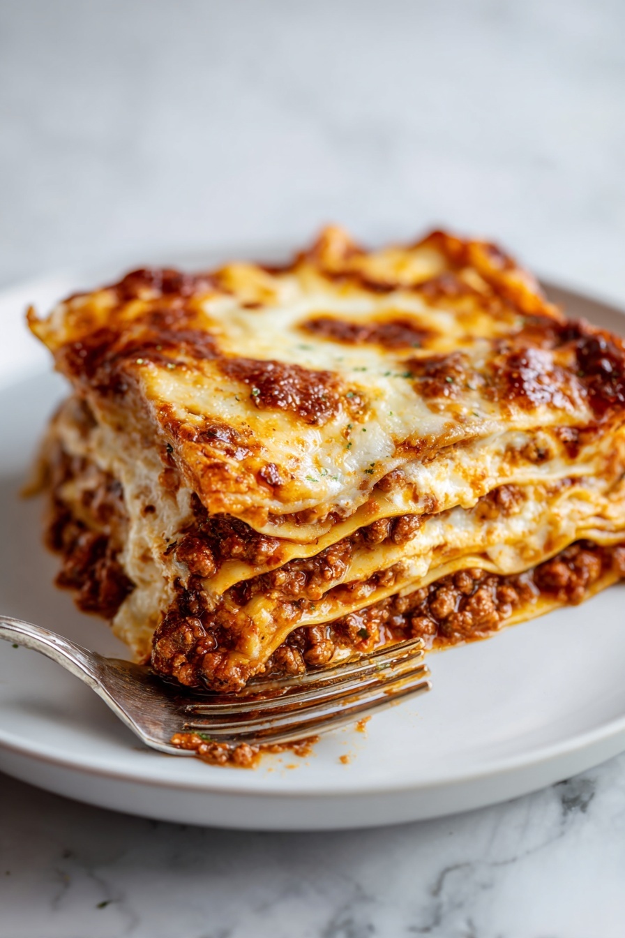 A close-up view of a slice of lasagna on a white plate, showing four layers of pasta sheets with rich brown meat sauce and melted cheese in between. The top layer is golden brown and bubbly with some darker spots. A fork is holding the front corner of the slice, and a knife is lifting the back edge slightly. The background and surface have a white marbled texture. photo taken with an iphone --ar 2:3 --v 7 - Ultimate Lasagne Bolognese, homemade lasagne layers, classic Italian lasagne, hearty pasta bake, flavorful Bolognese sauce