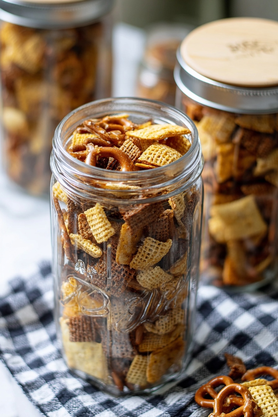 The image shows a tall clear glass jar filled with a mix of snack pieces. The mix has several textures and colors: small golden pretzels with smooth, shiny surfaces; light yellow square crackers with a rough, grilled look; darker brown square cereal pieces with a waffle pattern; and some light beige round chips. The jar is full to the brim and has a silver lid with the brand name slightly out of focus beside it. The background features another similar jar and a wooden lid on a white marbled surface with a checkered cloth underneath. The lighting is soft and natural, highlighting the crunch and detail of the snack mix photo taken with an iphone --ar 2:3 --v 7 - Dill Pickle Snack Mix, dill pickle snack mix recipe, tangy snack mix, savory snack mix, easy party snack