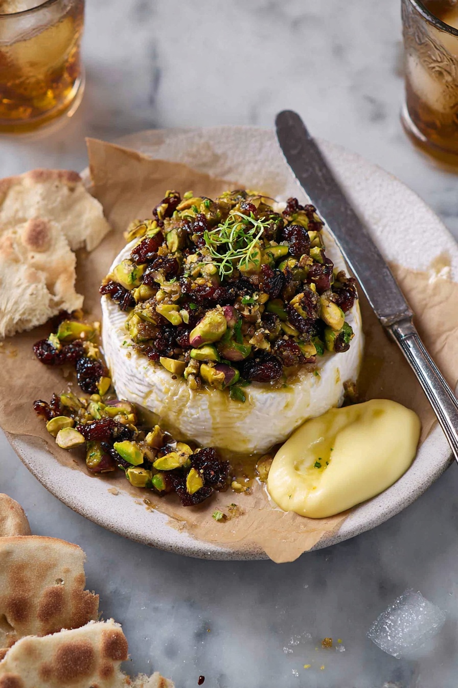 A whole round of white soft cheese sits at the center of a white plate lined with light brown parchment paper. The cheese is topped with a thick layer of glossy dark brown jam mixed with bright green chopped pistachios, creating a textured and shiny surface. Small green sprigs decorate the top, adding freshness to the rich topping. To the right of the plate, broken pieces of crispy, browned flatbread rest on the white marbled surface. A long, vintage silver knife with a worn handle rests across the plate’s edge. Photo taken with an iphone --ar 2:3 --v 7 - Baked Brie with Fig Jam and Pistachios, baked brie appetizer, easy holiday appetizer, gourmet cheese dip, fig jam cheese bake